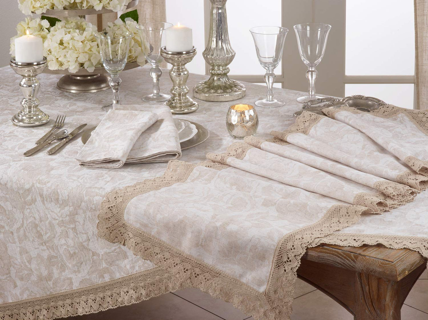 Fennco Styles Feronia Collection Country Jacquard Lace Trim Cotton Blend Table Linen – Natural Table Runner for Banquet, Family Gathering, Special Events and Home Décor