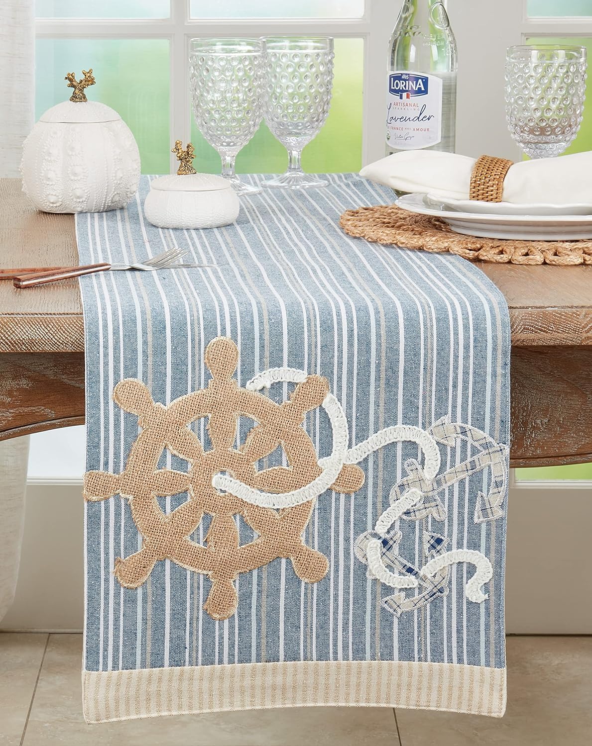 Fennco Styles Navy Blue Helm & Anchor Table Runner 14" W x 72" – Nautical Design Table Runner for Home, Seaside Dining, Beach House, Themed Party Décor and Special Events
