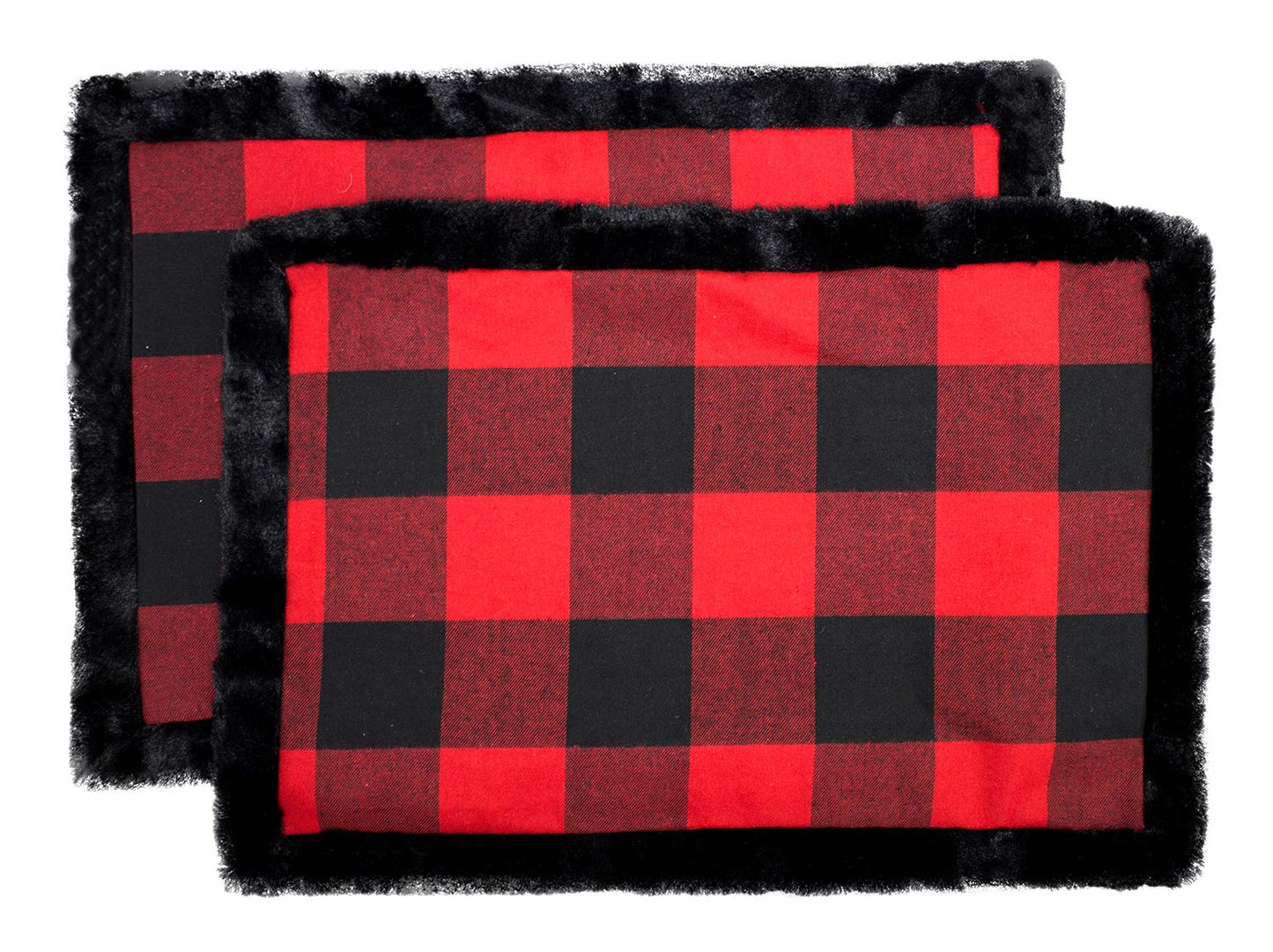Fennco Styles Unique Christmas Buffalo Plaid Red and Black with Faux Fur Border Design Placemat (Black Fur Placemat 13"x19" Set of 4)