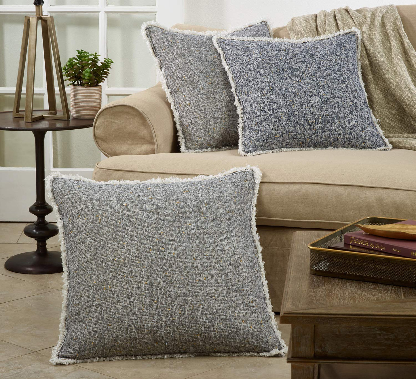Fennco Styles Modern Shimmering Decorative Throw Pillow with Fringe Design – Neutral Accent Pillow for Couch, Sofa, Bedroom, Office and Living Room Décor