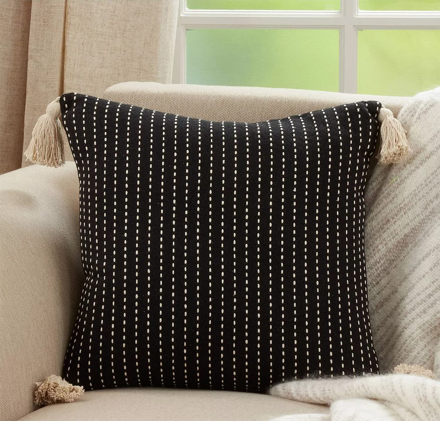 Fennco Styles Line-Stitch Tassel Cotton Decorative Throw Pillow 18" W x 18" L - Black Square Cushion for Home, Couch, Office, Bedroom and Living Room Décor