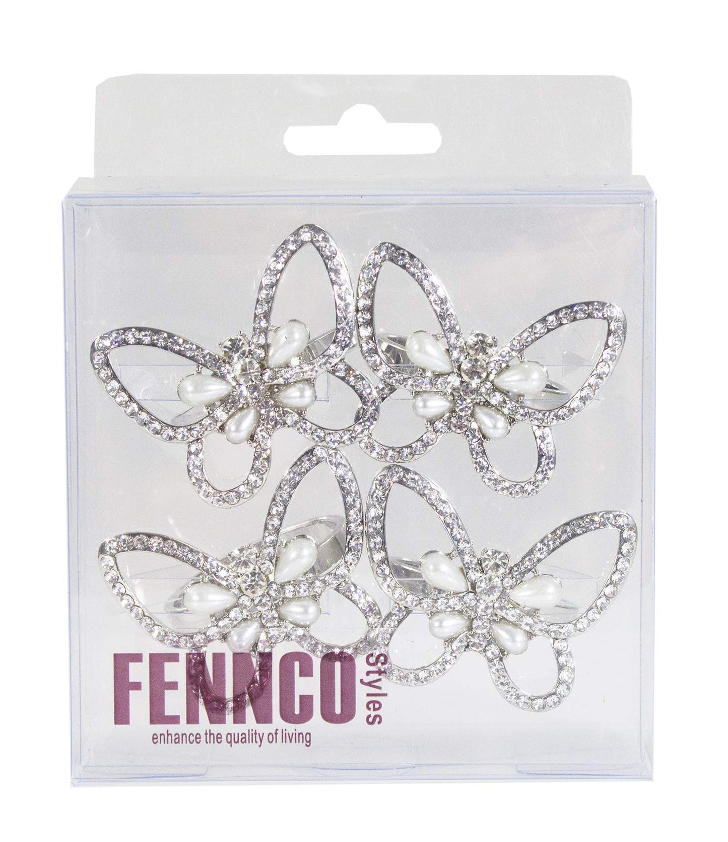Fennco Styles Decorative Bejeweled Design Butterfly Metal Napkin Rings, Set of 4 - Silver Napkin Rings for Family Dinner, Theme Party, Wedding, Special Event and Home Décor