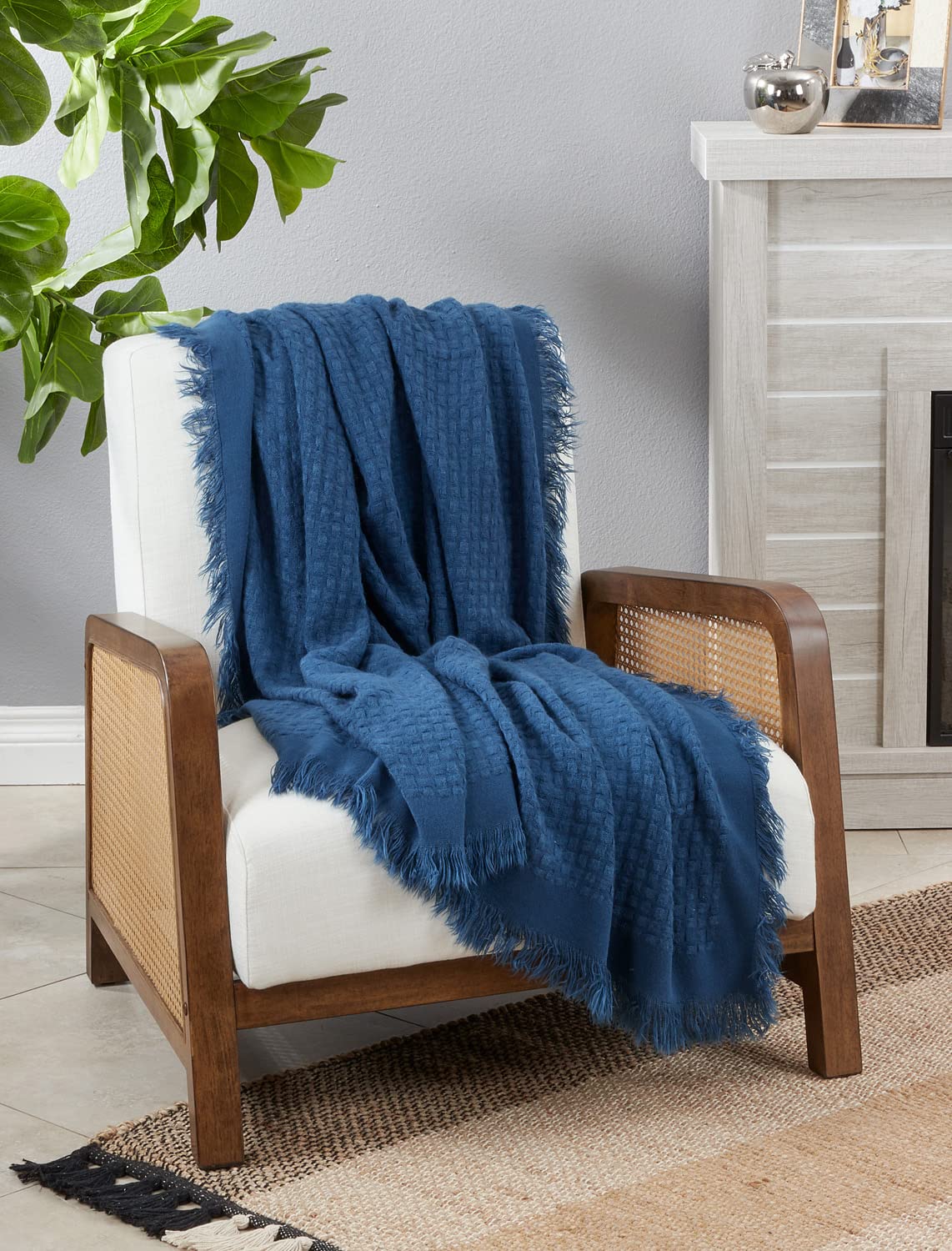 Fennco Styles Waffle Weave Solid Lightweight Throw Blanket with Fringe 50" W x 60" L - Slate Blanket for Sofa, Couch, Living Room and Bedroom Décor