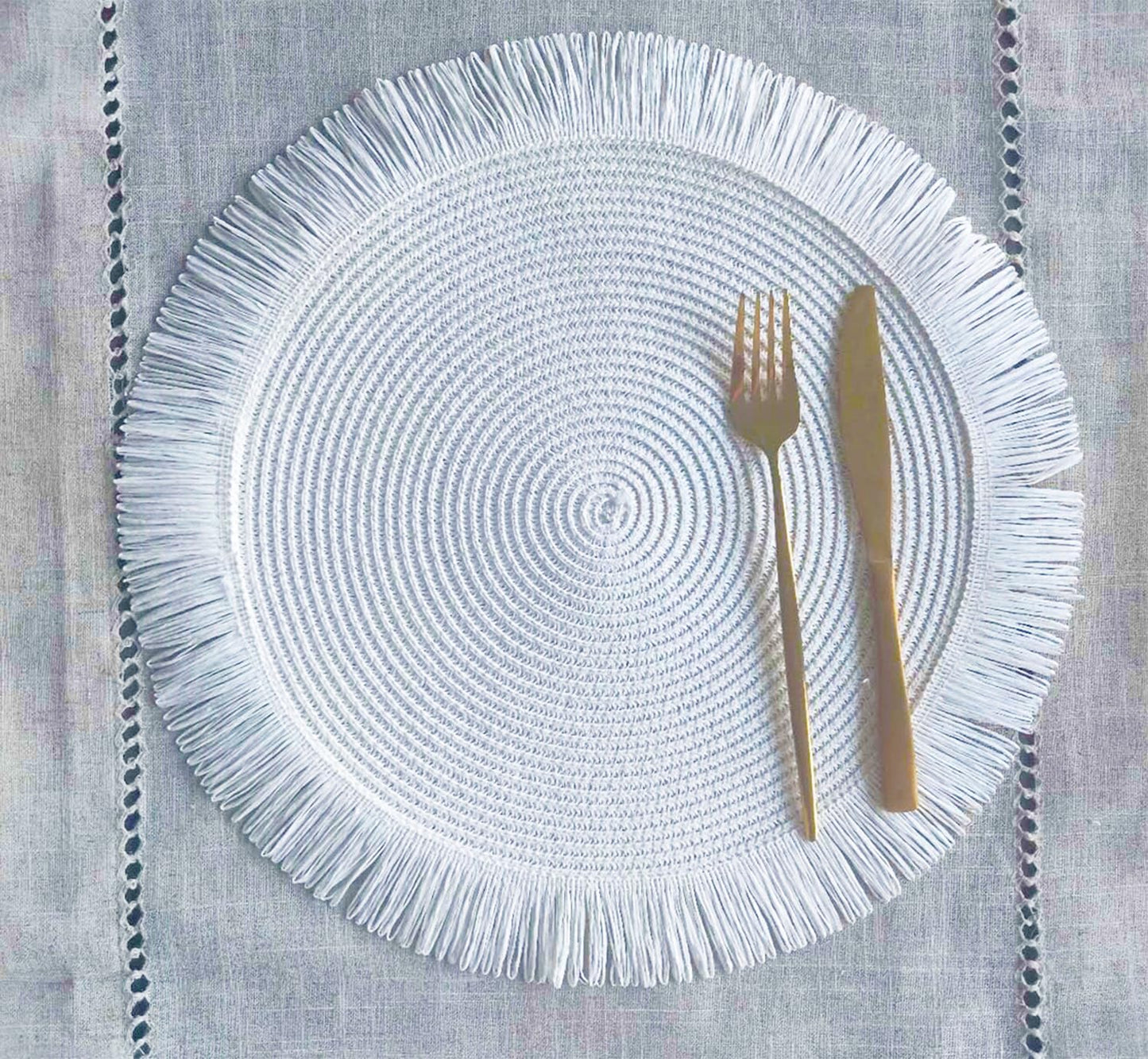 Fennco Styles Handwoven Fringe Boho Placemats 15" Round - Natural Braided Texture Table Mats for Home, Dining Room, Banquets, Family Gathering and Special Occasion