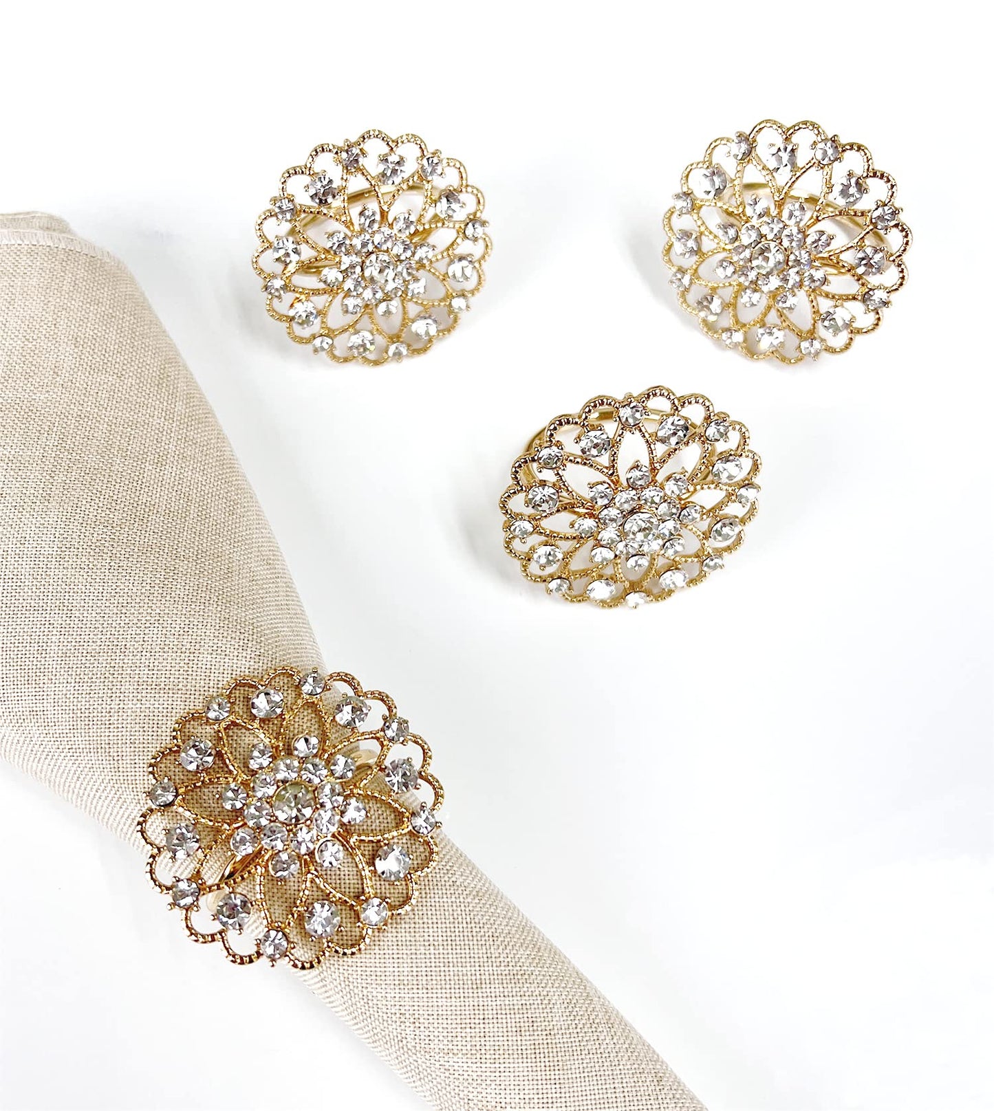 Fennco Styles Rhinestone Crystal Flower Napkin Rings Wedding Holiday Table Decoration - Set of 4