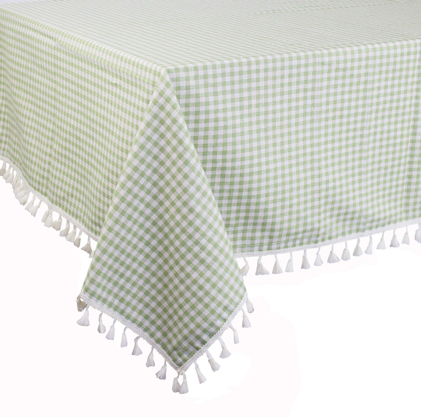 Fennco Styles Simply Striped Tassel Cotton Blend 55 x 55 Inch Tablecloth - Green Table Cover for Banquets, Holiday, Special Events, Outdoor and Home Décor