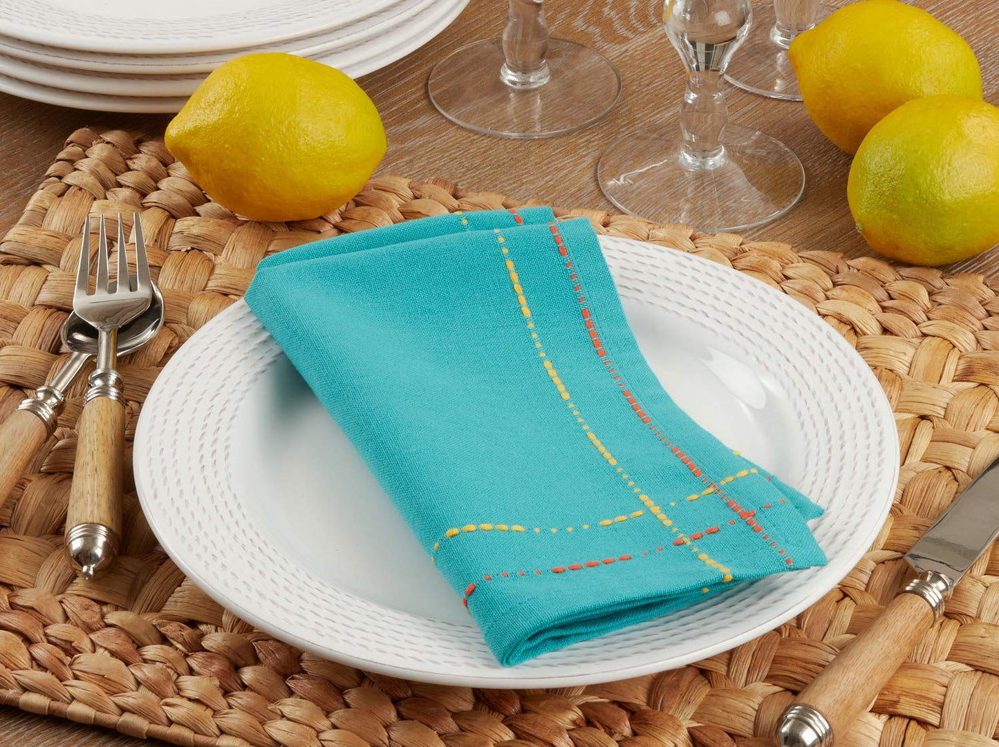 Fennco Styles Dobby Border Woven Cotton Cloth Napkins 18" W x 18" L, Set of 4 - Turquoise Dinner Napkins for Dining Table Décor, Family Gathering, Banquets, and Special Events