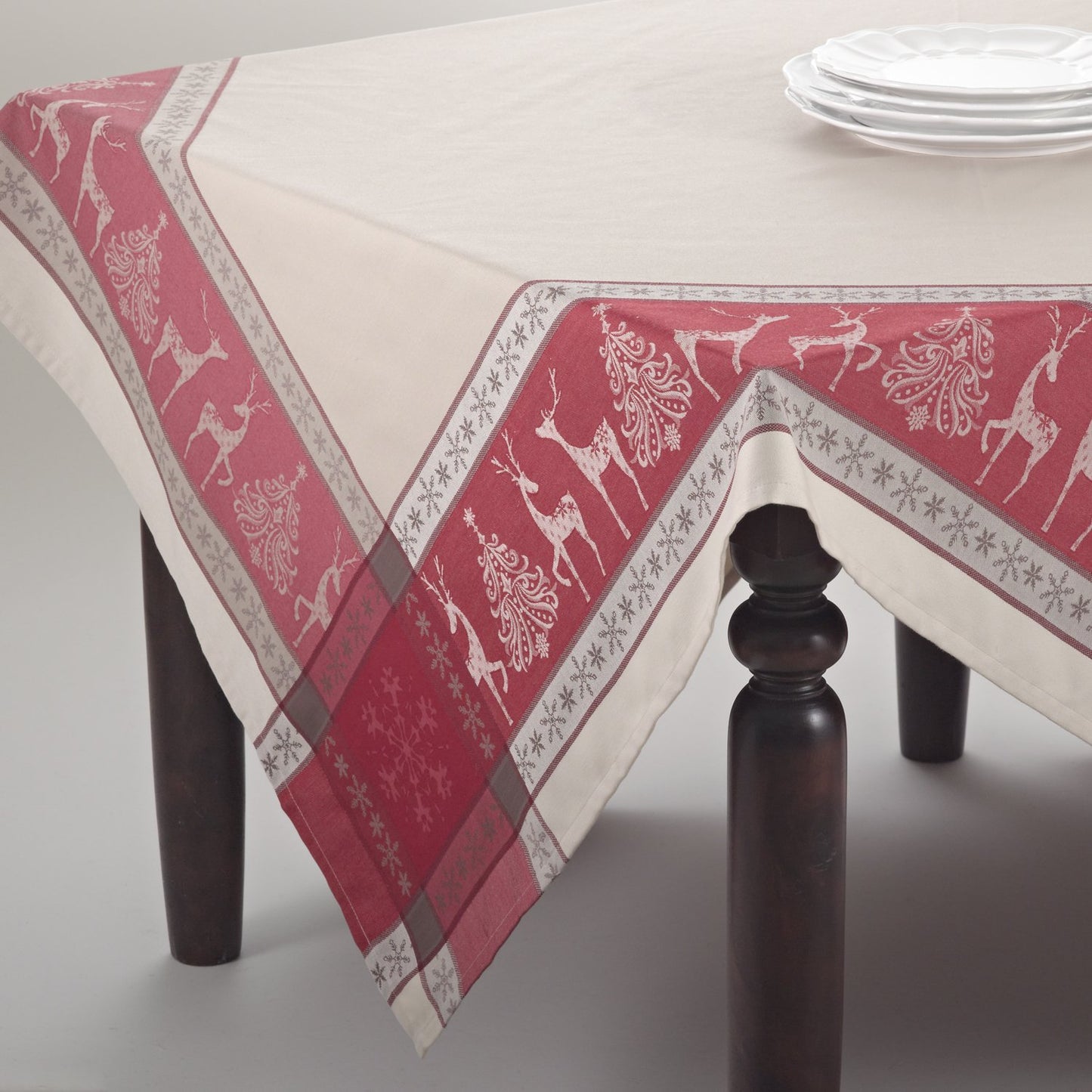 Northern Reindeer Holiday Design Jacquard Tablecloth, Red/taupe, 72-inch Square, One Piece