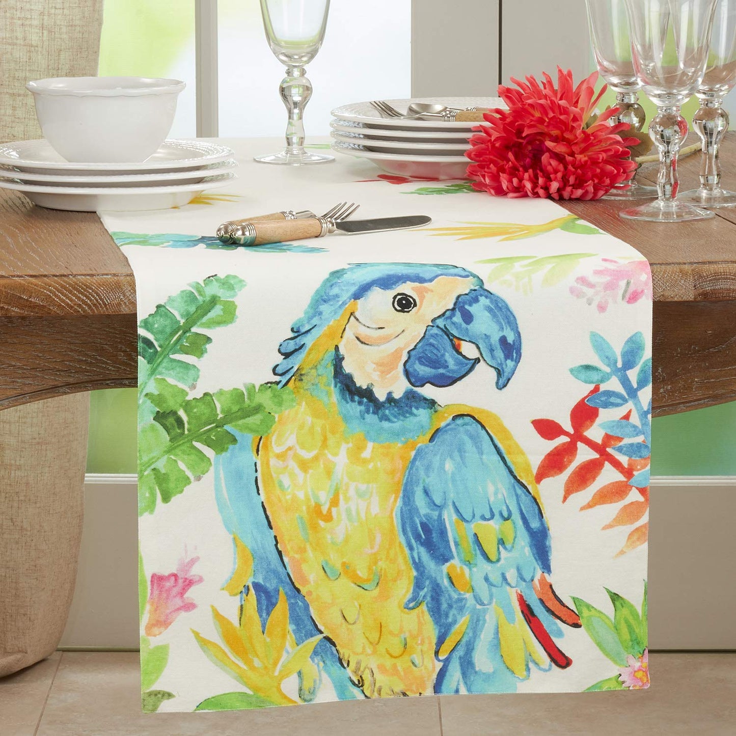 Fennco Styles Embroidered Parrot Cotton Table Runner 16" W x 72" L - Multicolored Table Cover for Home, Dining Table, Banquet, Family Gathering and Special Occasion