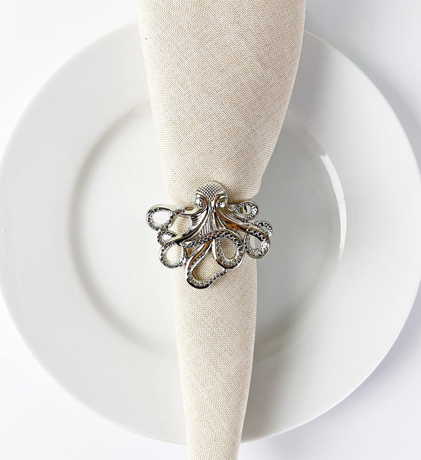 Fennco Styles Coastal Octopus Metal Napkin Rings, Set of 4 - Gold Nautical Napkin Holders for Home Décor, Dining Table, Banquets, Family Gathering and Special Occasions