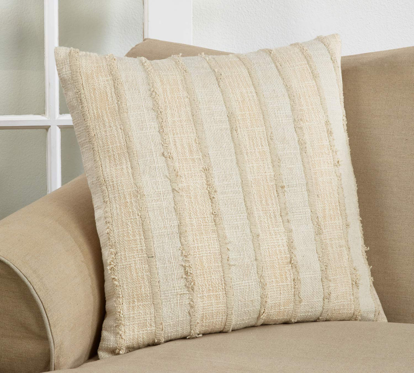 Fennco Styles Cottage Stripe Patched Fringe 22 x 22 Inch Throw Pillow Case – Ivory Throw Pillow Case for Couch, Bedroom and Living Room Décor