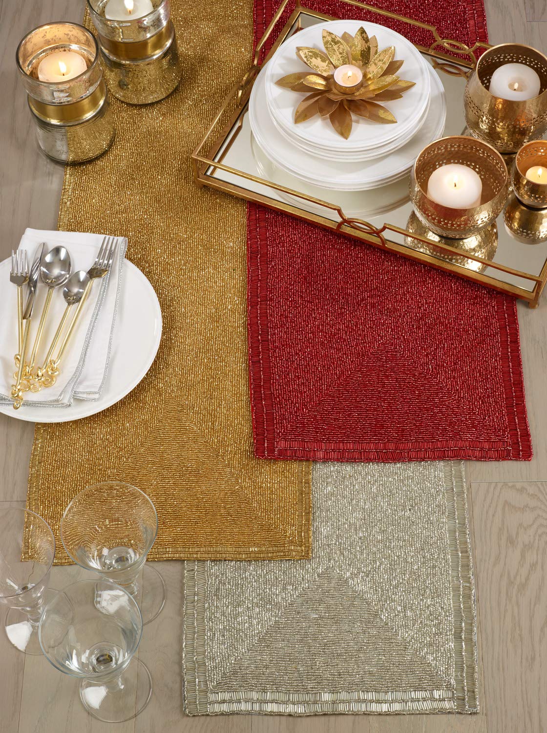 Fennco Styles Luxe Beaded Design Table Runner 13 x72 Inch - Gold Table Cover for Home Décor, Dinig Table, Banquets, Wedding and Special Events
