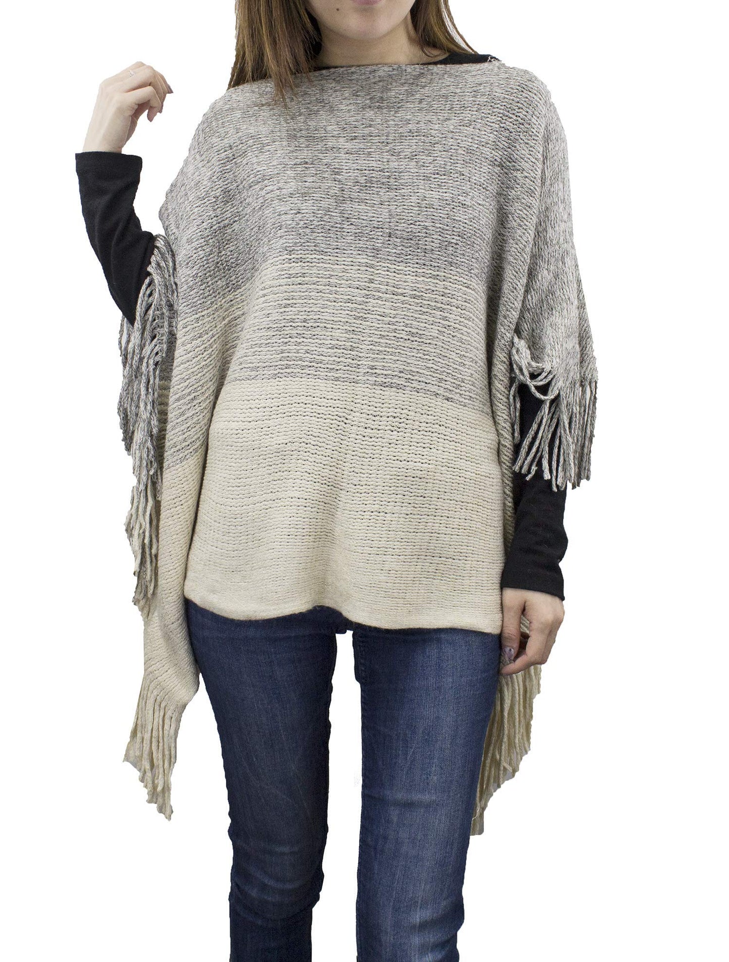 stylesilove Womens Knit Two Tone Batwing Fringe Poncho Cardigan Pullover Cozy Sweater Wrap Jacket