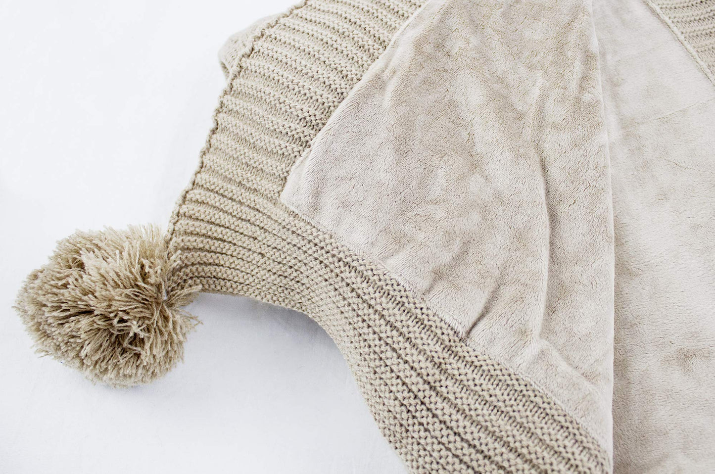 Fennco Styles Luxe Faux Fur Cable Knit Reversible Pom Pom Cozy Throw Blanket, 50" x 60" (Taupe)