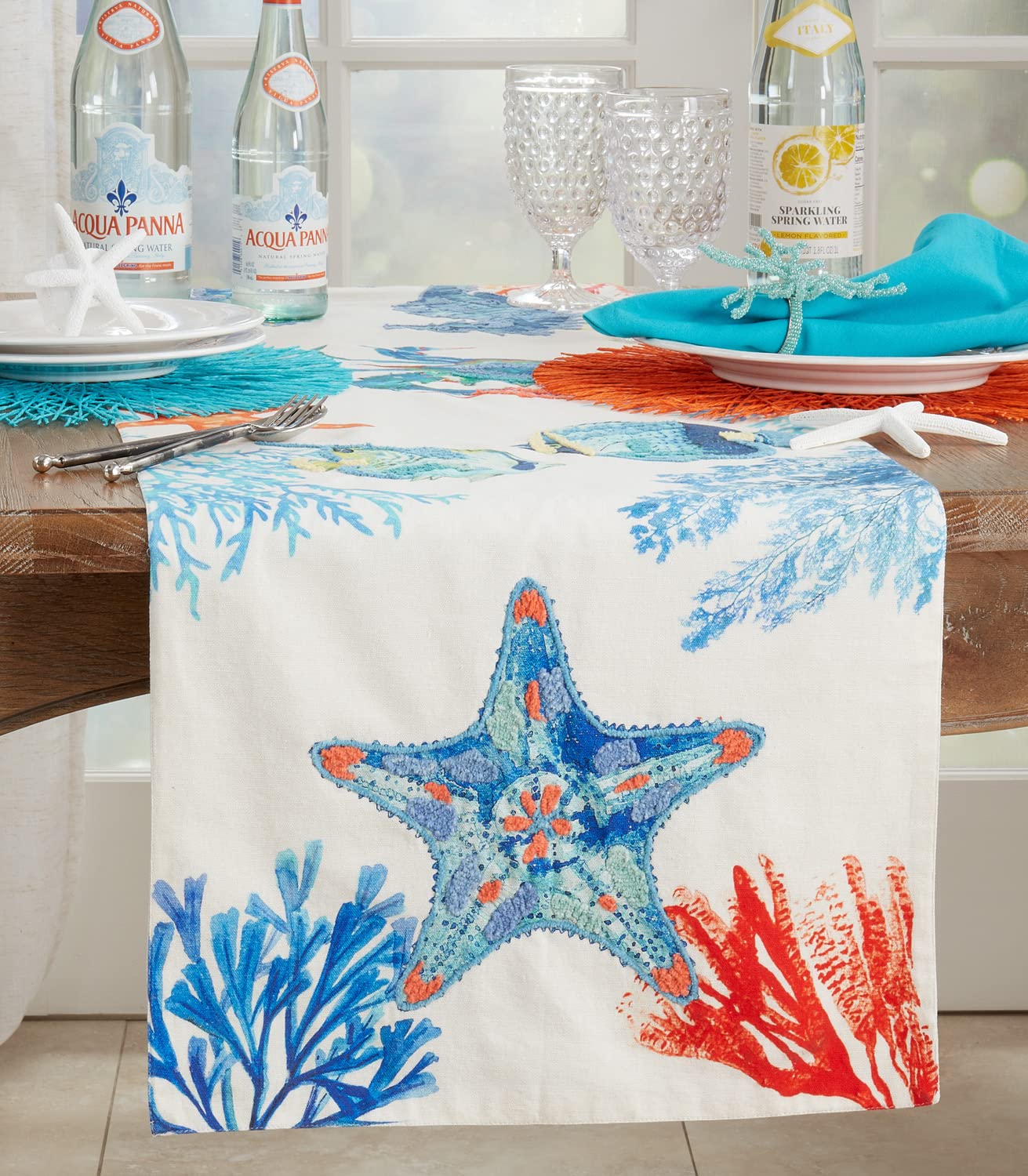 Fennco Styles Coastal Sea Life Embroidered Cotton Table Runner 16" W x 72" L - Multicolored Nautical Table Cover for Everyday Use, Family Gathering, Banquets, and Special Occasions