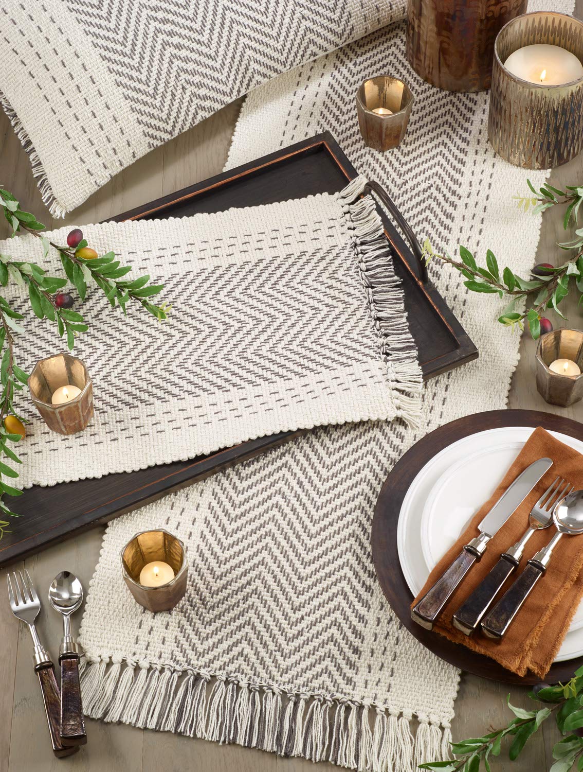 Fennco Styles Modern Kantha Stitch Design 100% Cotton Table Runner - Grey Table Cover for Everyday Use, Dining Room Décor, Family Gathering and Special Occasion