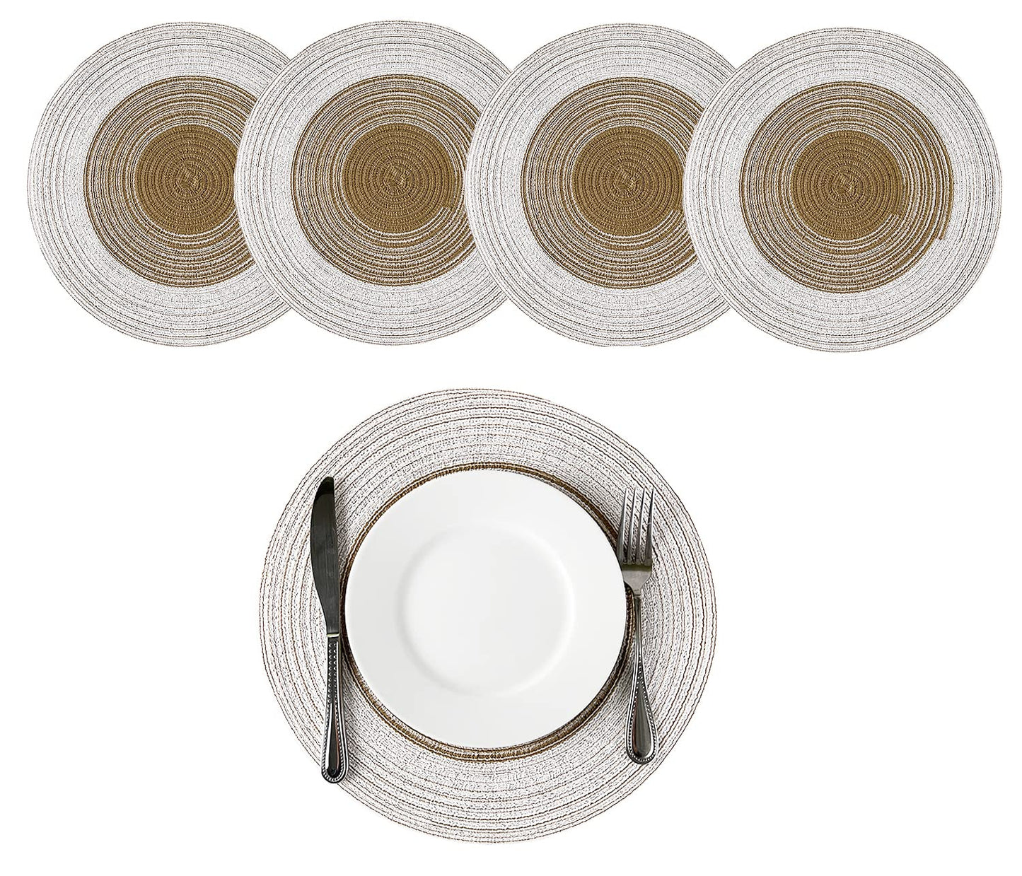Fennco Styles Handmade Gradient Textured Ramie Placemats 14" Round, Set of 4 – Braided Table Mats Heat Resistant Insulation for Home Décor, Dining Table, Everyday Use, Banquets, Special Events