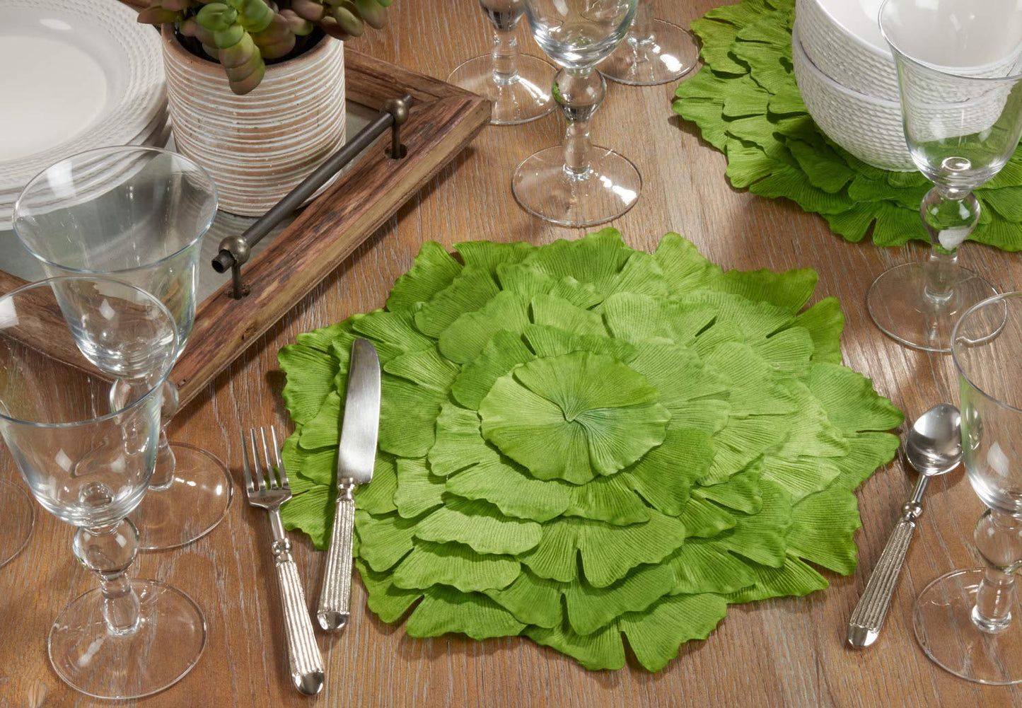 Fennco Styles Unique Ginkgo Leaf Placemats 14 Inches Round, Set of 4 – Green Modern Traycloth Table Mats for Home, Dining Room Décor, Banquets, Indoor & Outdoor and Special Events