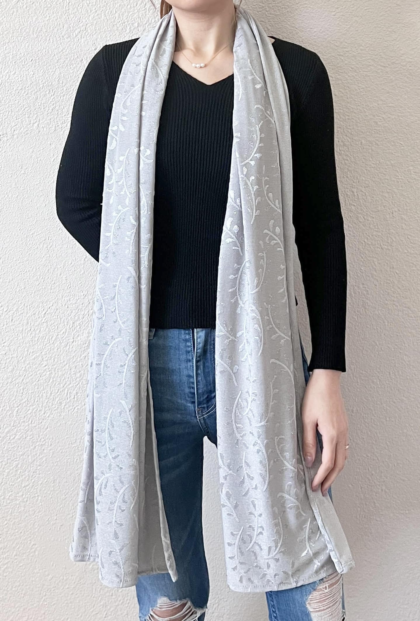 stylesilove Women Shimmering Jacquard Floral Scarf Silver Thread Flower Scarves Ultra Lightweight Soft Shawl Neck Wraps