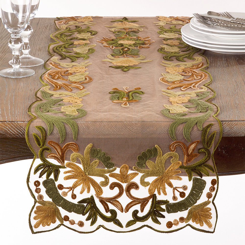 Fennco Styles Elegant Embroidered Floral Woven Table Runner - 2 Colors - 16"x72" (Green)