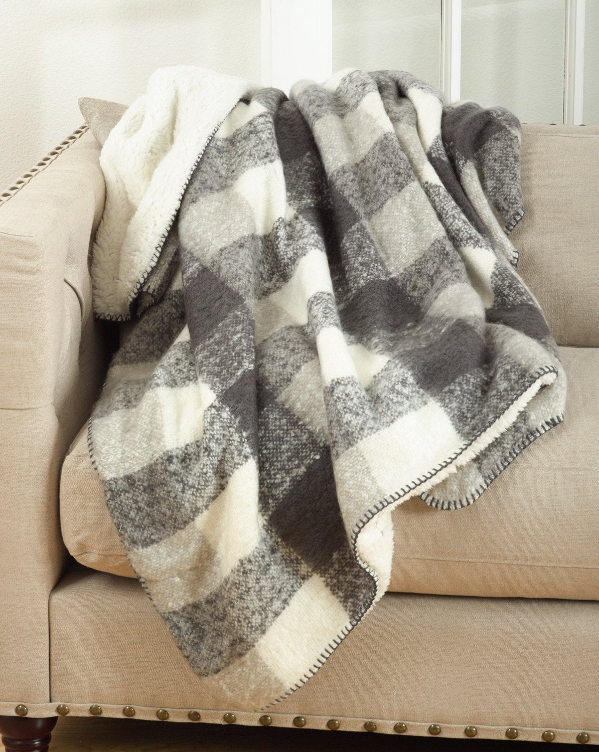 Fennco Styles Faux Mohair Design Sherpa Throw 50" W X 60" L - Grey and White