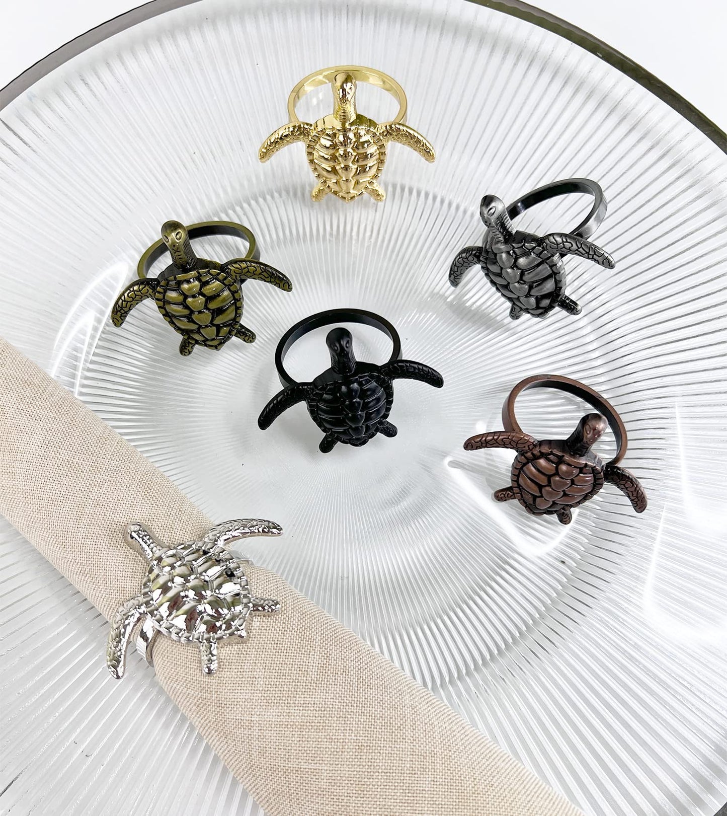 Fennco Styles Nature's Touch Sea Turtle Metal Napkin Rings, Set of 4 – Bronze Sea Creatures Napkin Holders for Family Dinner, Themed Party, Table Décor, Banquets, Holidays and Special Occasion