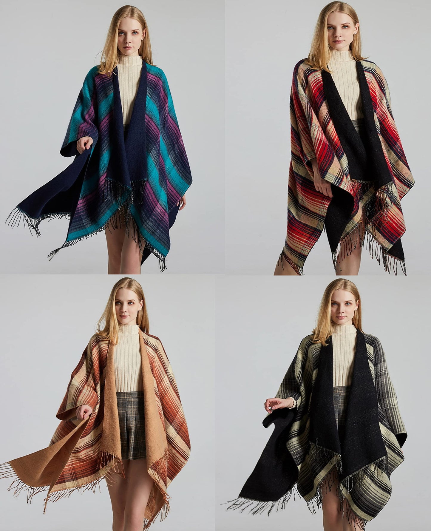 stylesilove Women Reversible Plaid Fringe Knitted Open Front Poncho Cape Oversized Cardigan Fall Winter Wrap Shawl