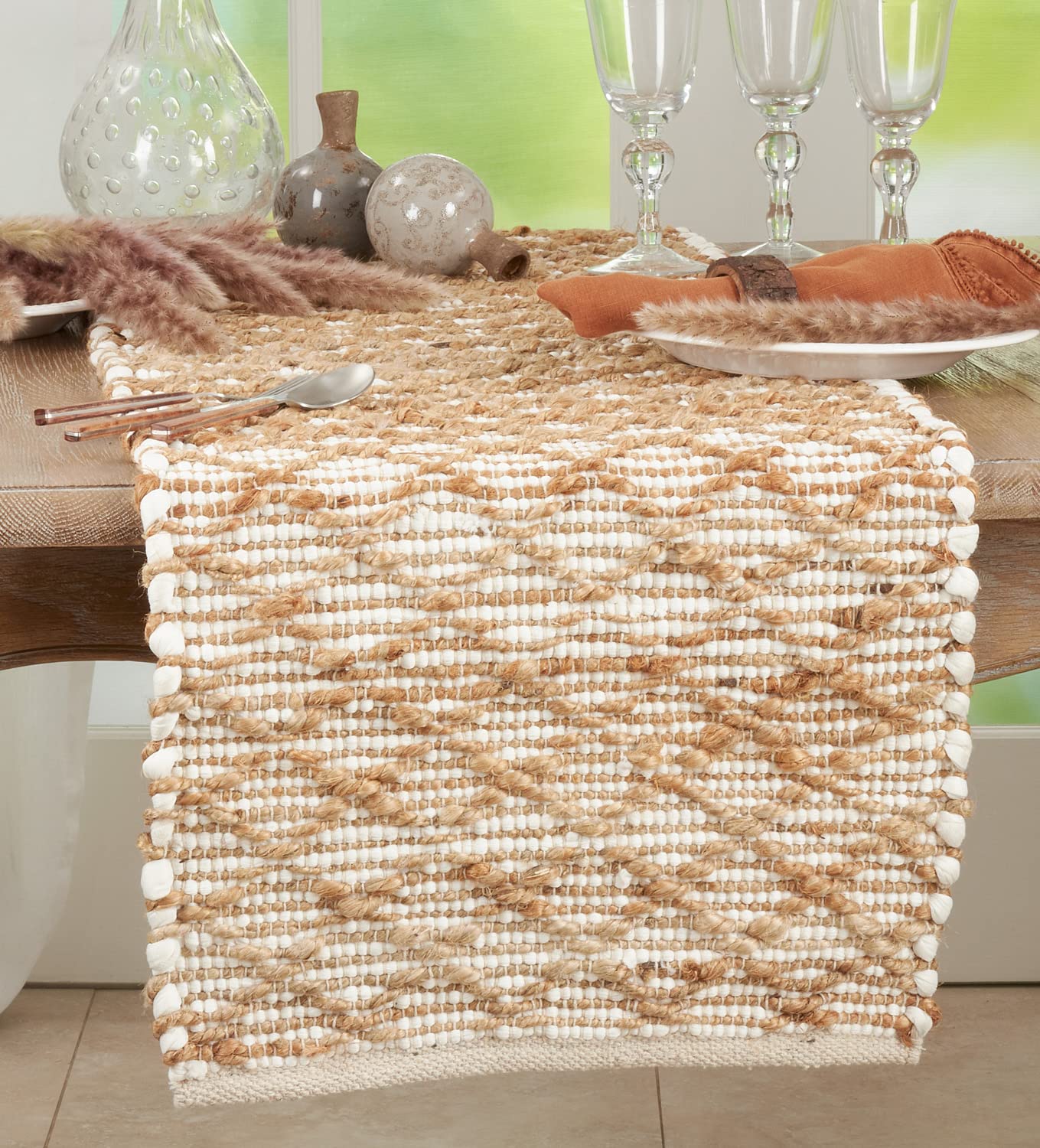 Fennco Styles Diamond Chindi Textured Table Runner 16" W x 72" L - Ivory Jute Cotton Woven Table Cover for Dining Room, Banquets, Family Gatherings