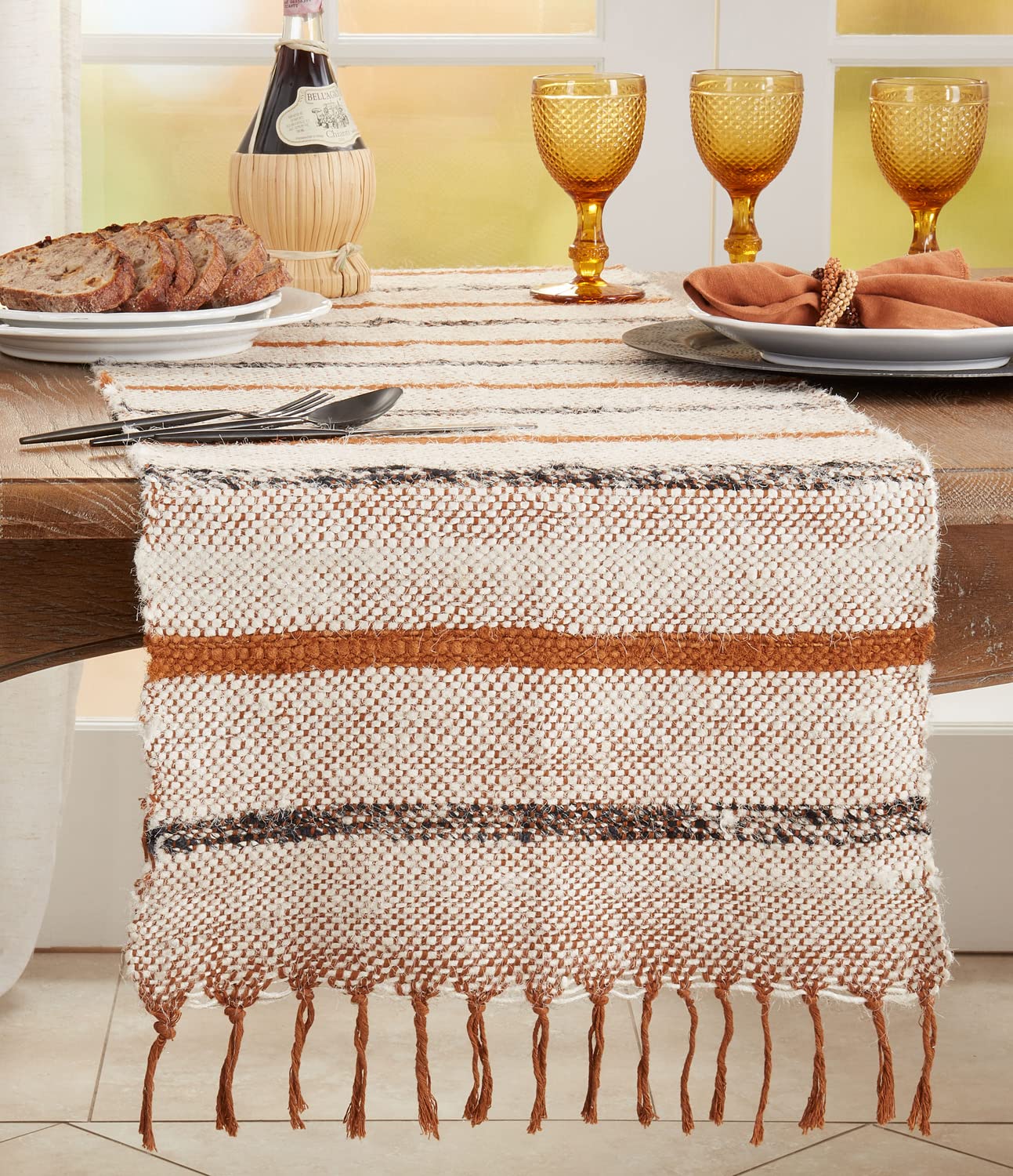 Fennco Styles Woven Striped Fringe Cotton Table Runner 16" W x 72" L – Rust Textured Table Cover for Home Décor, Dining Table, Family Gatherings, Banquets, Everyday Use and Special Events