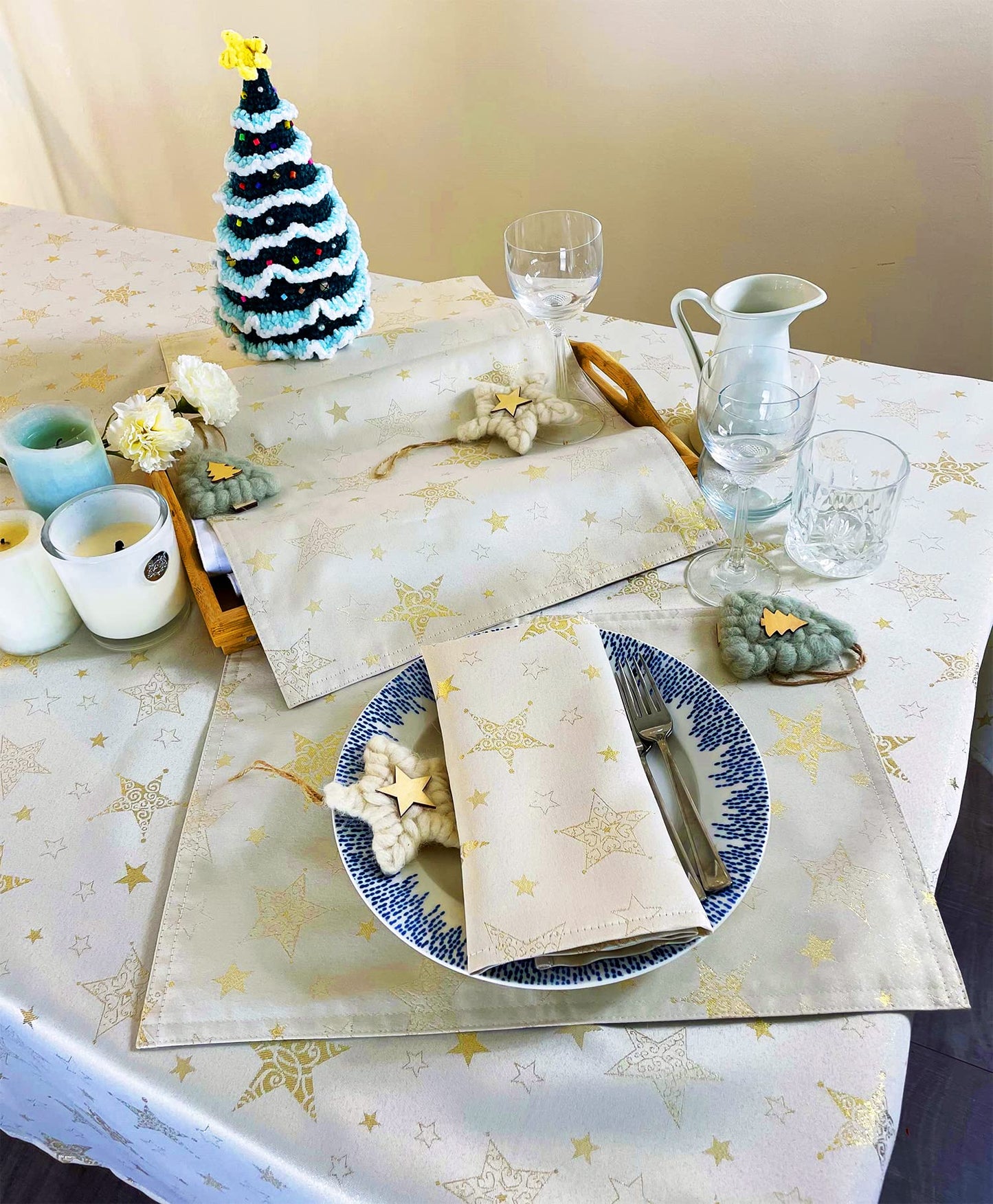 Fennco Styles Holiday Embroidered Metallic Star Tablecloth 70" W x 70" W - Ivory Woven Table Cover for Home Décor, Banquet, Family Gathering, Christmas, Special Occasion