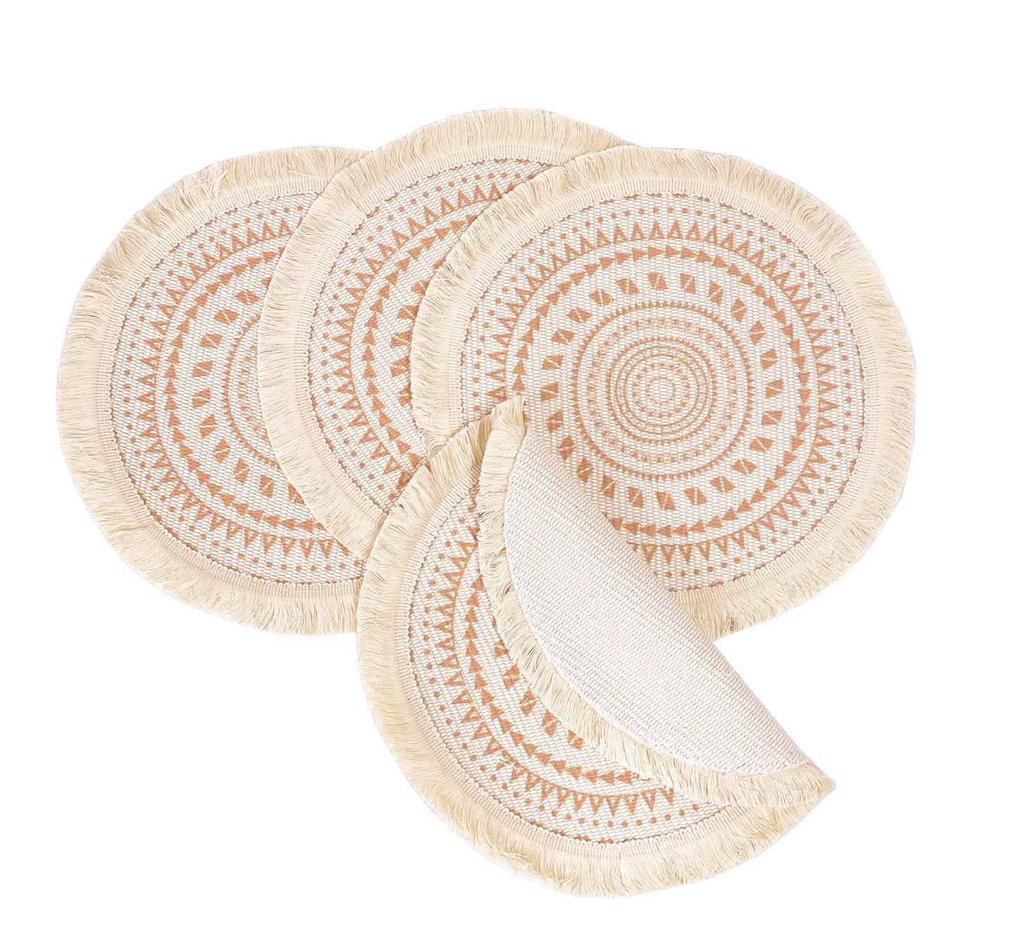 Fennco Styles Boho Geometric Fringe Decorative Cotton Placemats 13-inch Round, Set of 4 - Heat Resistant Insulation Table Mats for Home Decor, Dining Table, Banquets and Special Events
