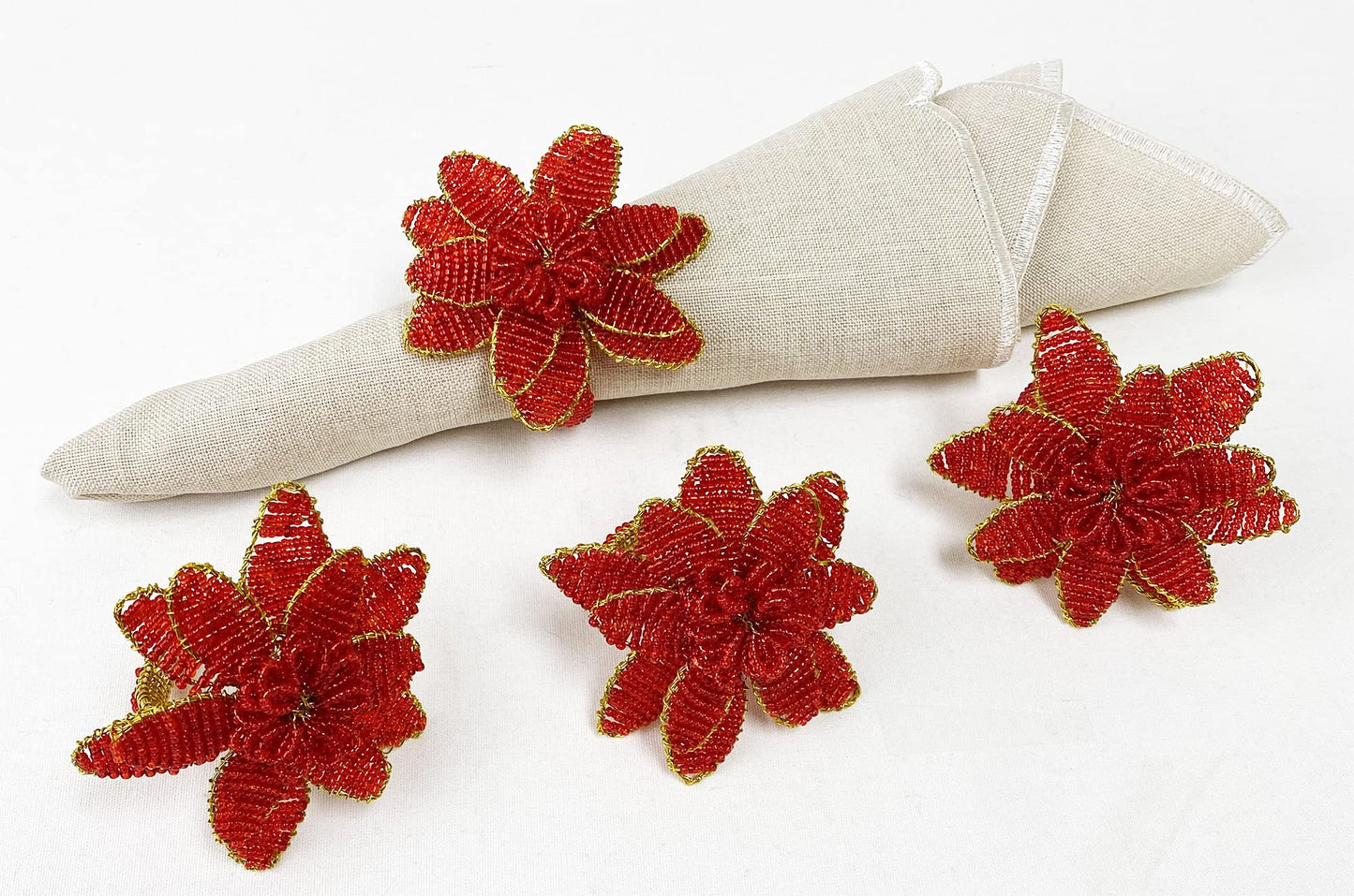 Fennco Styles Hand Beaded Christmas Poinsettia Napkin Rings, Set of 4 - Red Glass Bead Flower Napkin Holders for Home, Dining Room, Banquet, Family Gathering, Winter Holiday Décor and Special Occasion