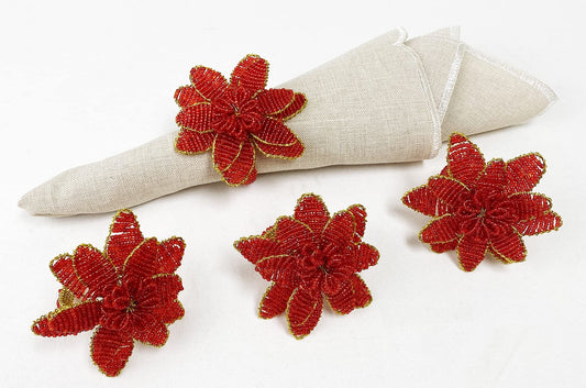 Fennco Styles Hand Beaded Christmas Poinsettia Napkin Rings, Set of 4 - Red Glass Bead Flower Napkin Holders for Home, Dining Room, Banquet, Family Gathering, Winter Holiday Décor and Special Occasion