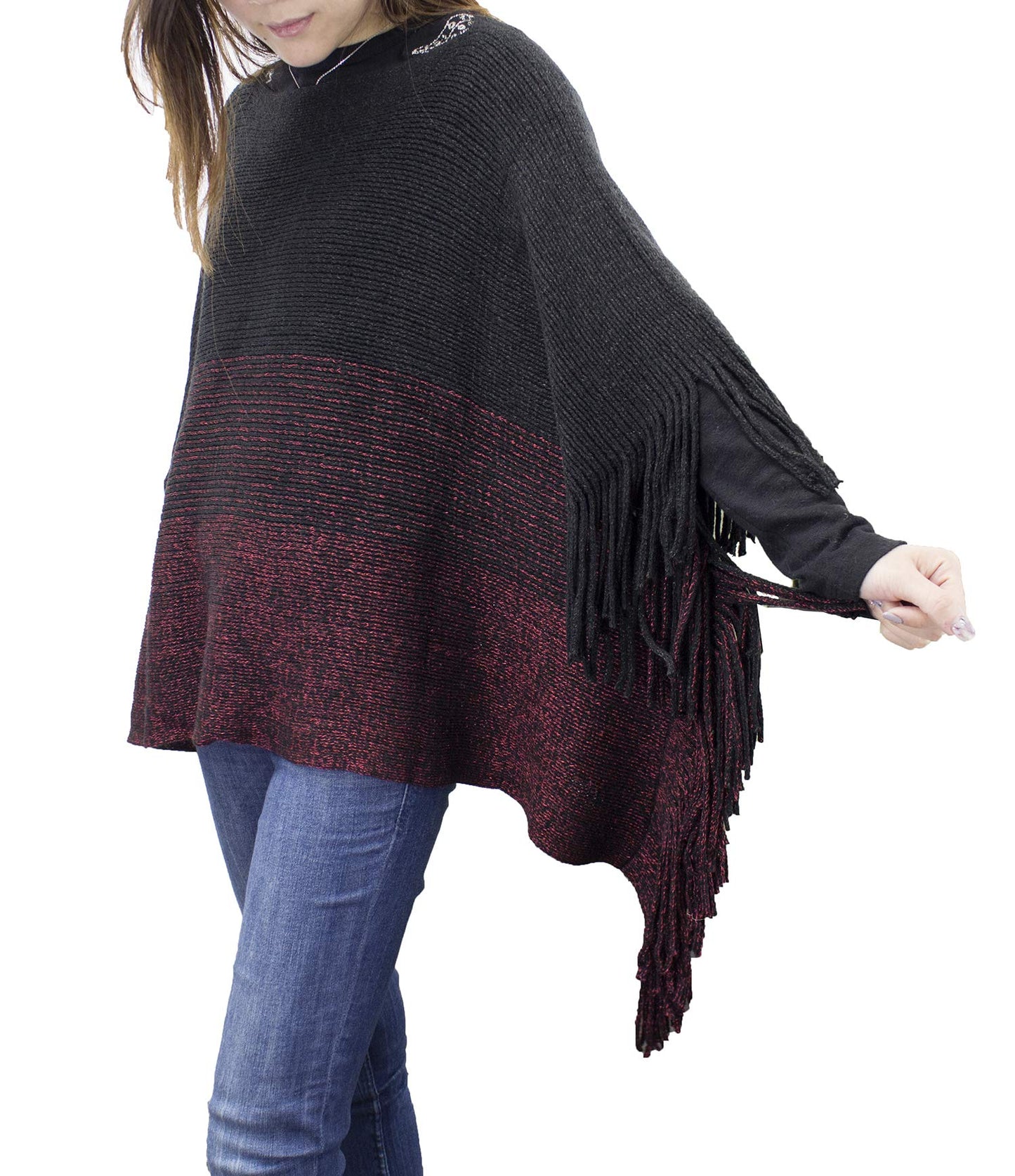 stylesilove Womens Knit Two Tone Batwing Fringe Poncho Cardigan Pullover Cozy Sweater Wrap Jacket