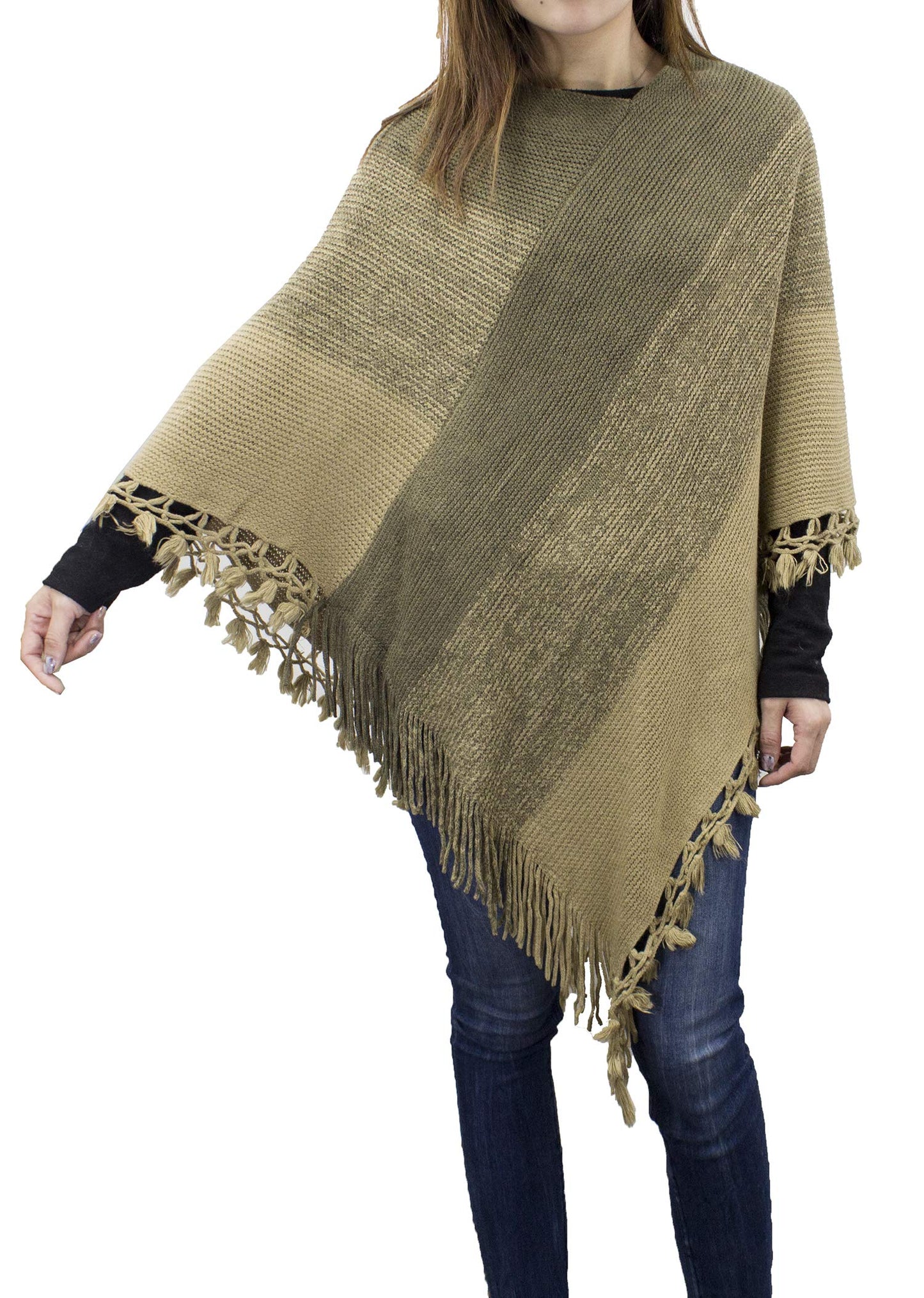 stylesilove Women Color Block Fringe Tassel Poncho Sweater Pullover Cardigan Wrap Topper for Warm Seasons