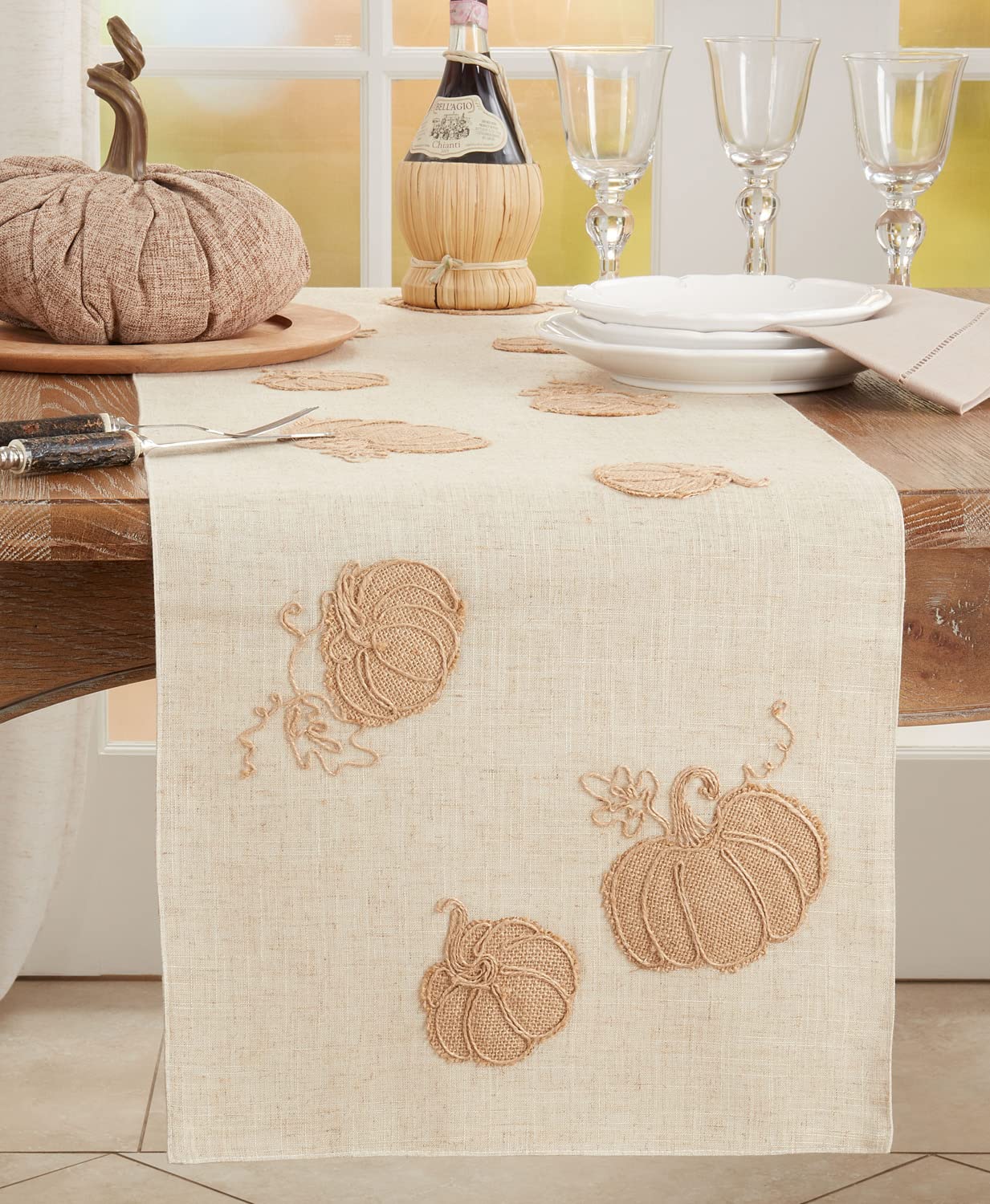 Fennco Styles Harvest Pumpkins Linen Blend Table Runner 16" W X 70" L - Natural Holiday Table Cover for Home Décor, Thanksgiving, Banquets, Family Gatherings and Special Occasions