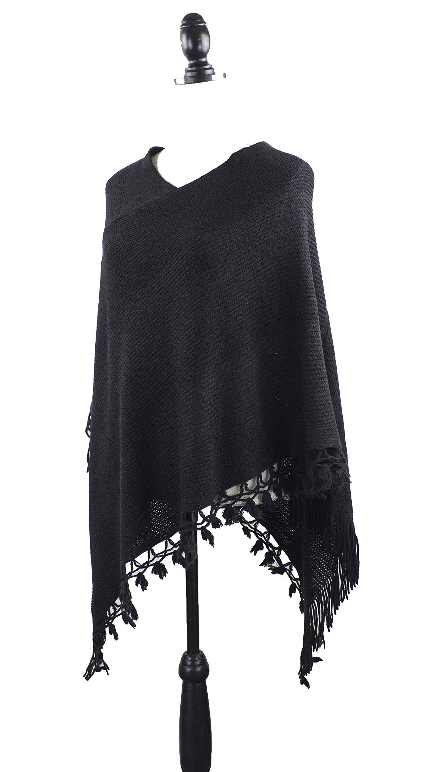stylesilove Women Color Block Fringe Tassel Poncho Sweater Pullover Cardigan Wrap Topper for Warm Seasons