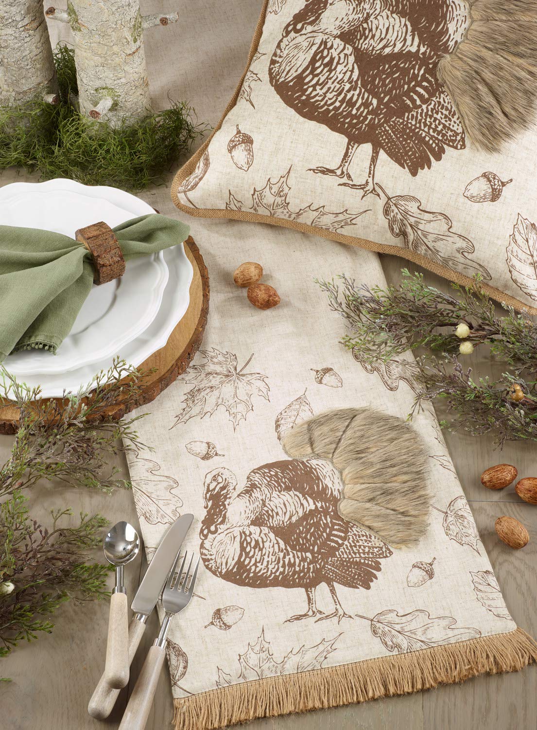 Fennco Styles Thanksgiving Turkey Collection Vintage Engraving Illustration Faux Fur Appliqué 13 x 72 Inch – Natural Table Runner for Harvest Dinner, Family Gathering, Special Events and Home Décor