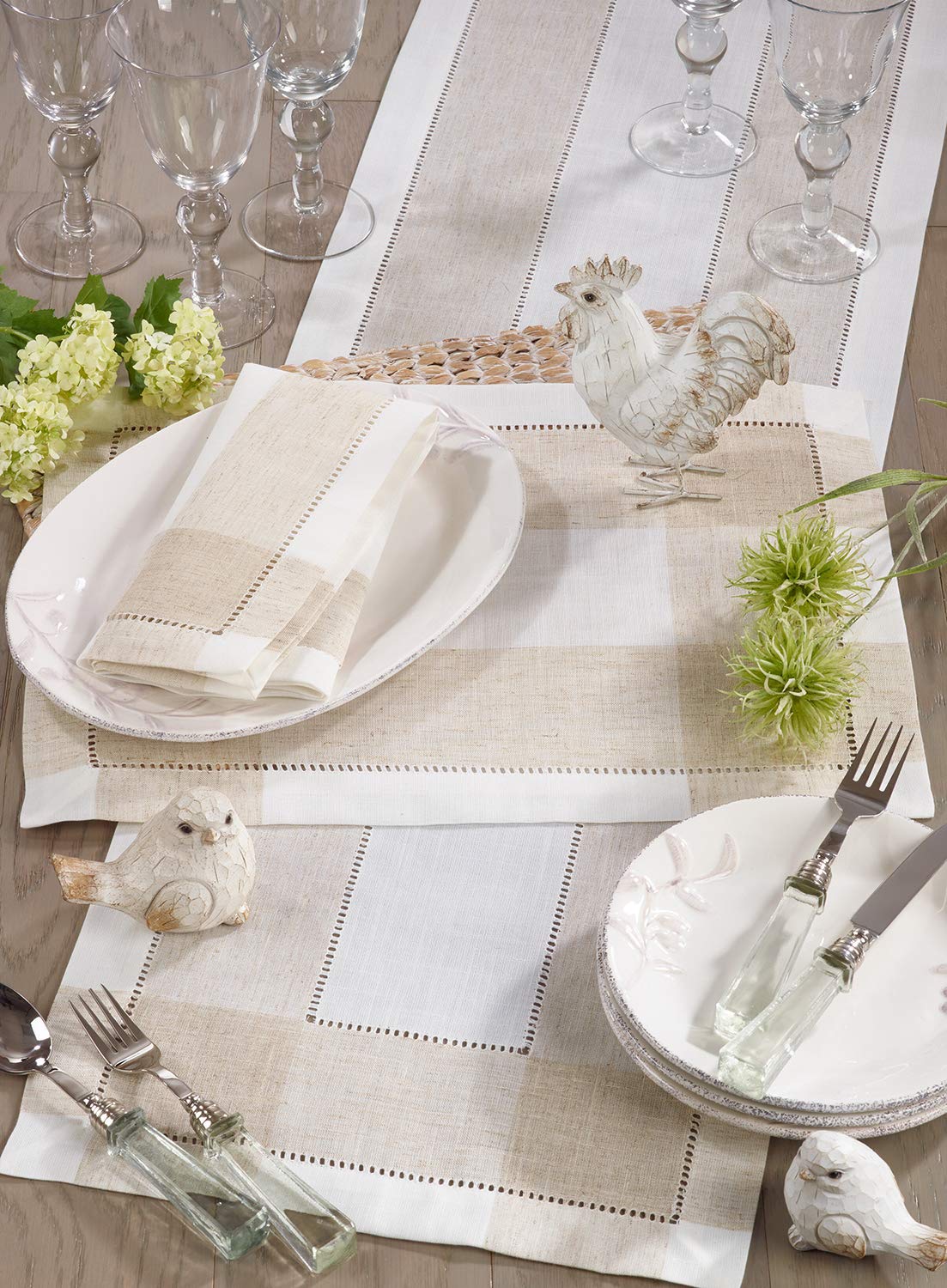 Fennco Styles Hommage Brodé Collection Cottage Lemon Embroidery Border Hemstitch Table Runner 15 x 70 Inch – Ivory Table Cover for Wedding, Banquet, Tea Party and Home Décor