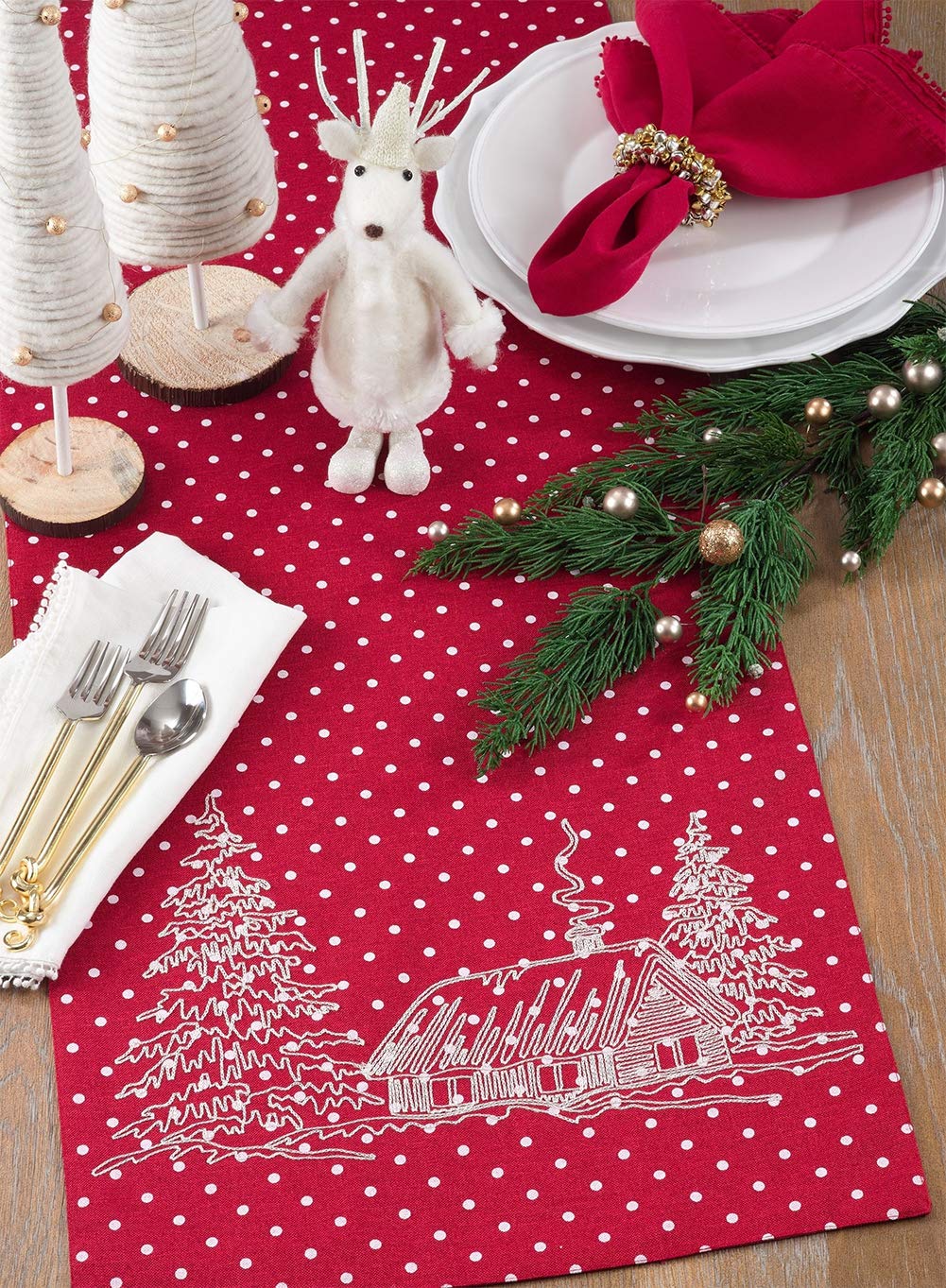 Fennco Styles Holiday Cottage Red Polka Dot Table Runner, 16"x70" Rectangular
