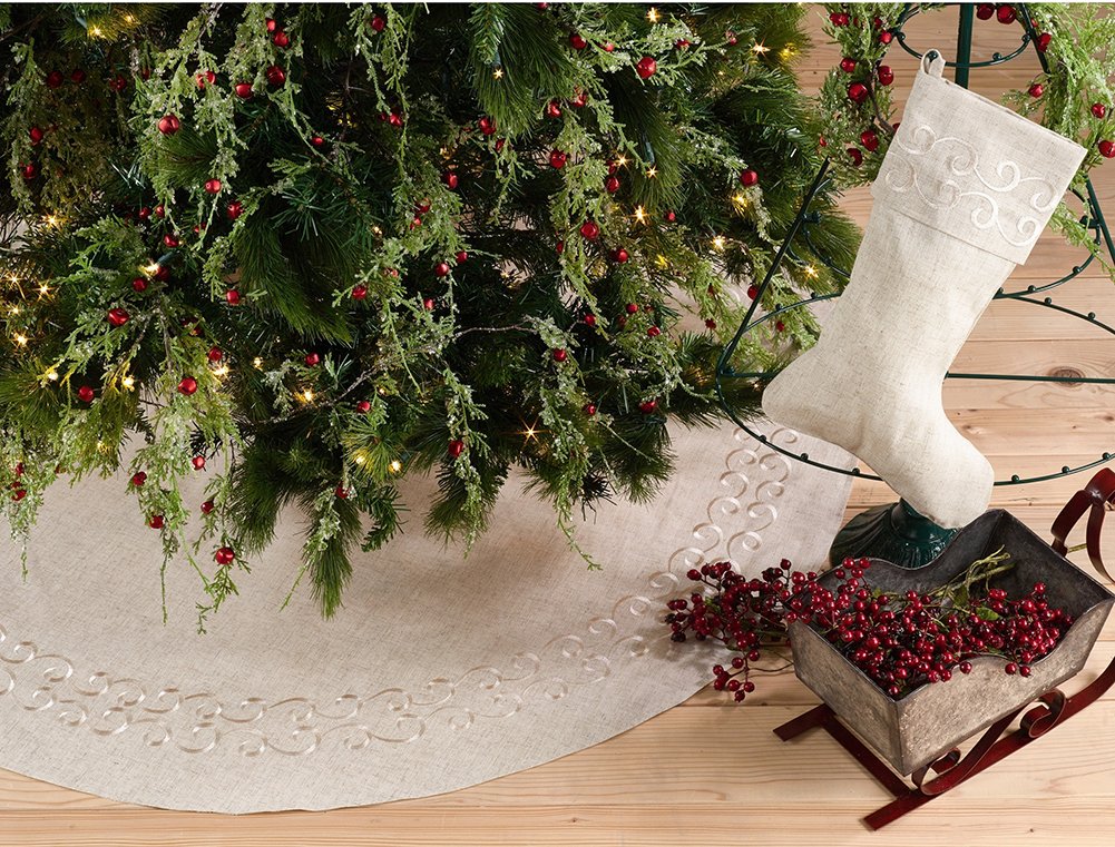 Fennco Styles Holiday Embroidered Swirl Design Decorative Linen Blend Christmas Tree Skirt 68" Round