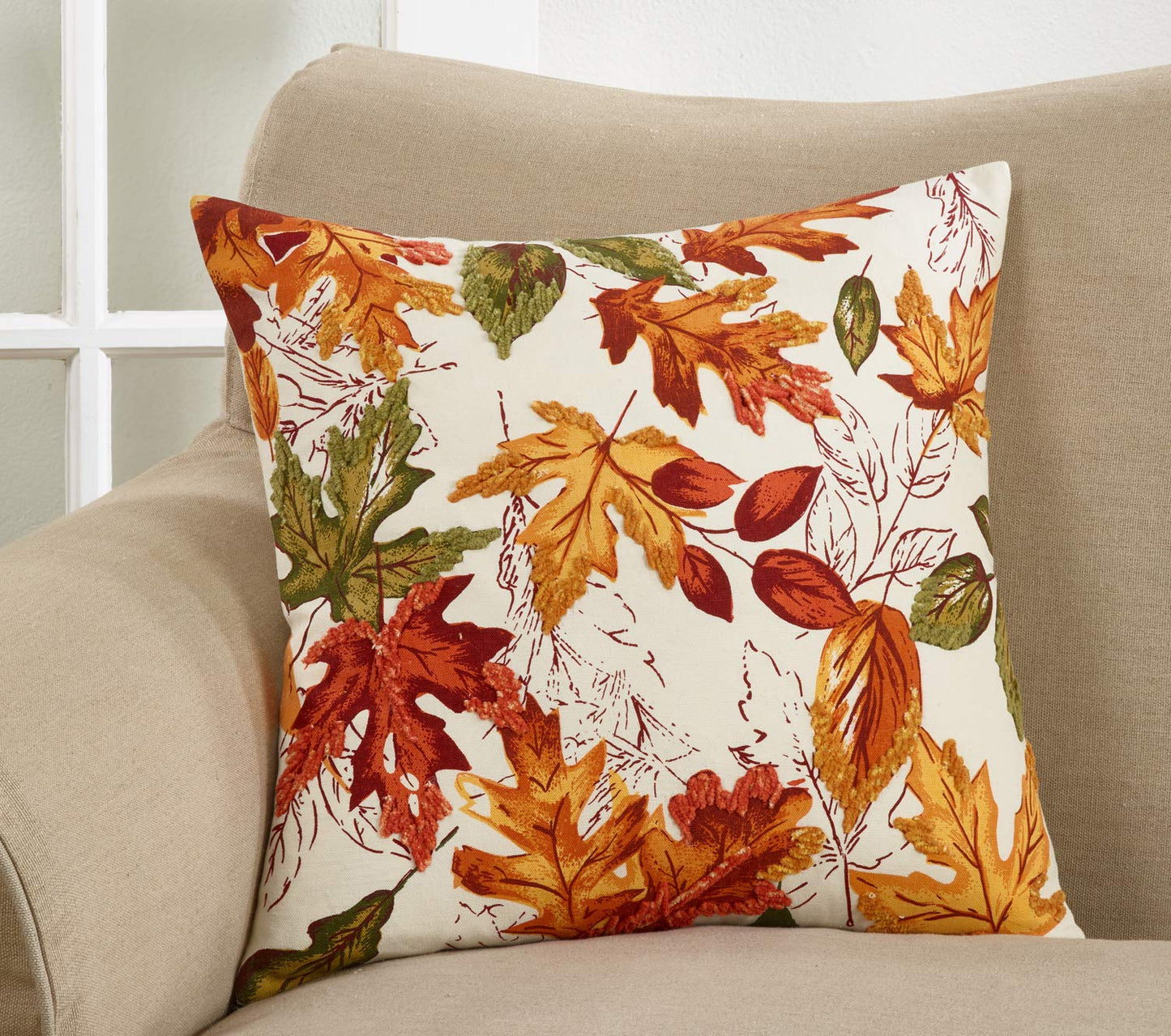 Fennco Styles Warm Embroidered Autumn Leaves Cotton Tablecloth - Multicolored Holiday Table Cover for Thanksgiving, Banquets, Family Gathering and Special Occasion