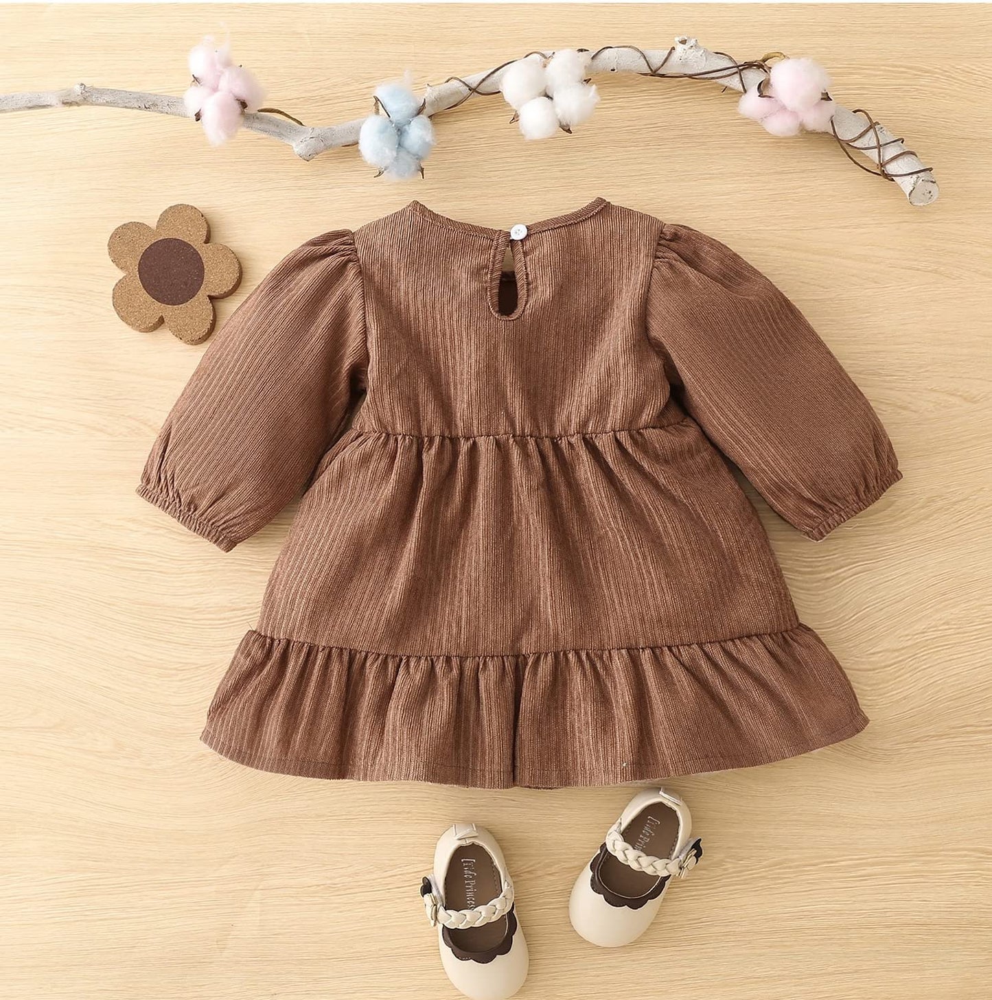 stylesilove Baby Toddler Girls Solid Ruffle Hem Long Puff Sleeve Corduroy Dress Princess Casual Spring Fall Outfit