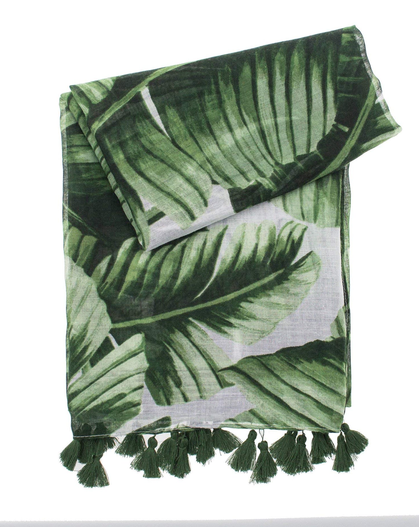 stylesilove Womens Cozy Tassels Oblong Cotton Scarf Lightweight Shawls Wrap (Palm Leaf/Green)