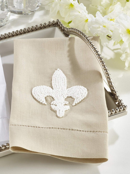 Fennco Styles Hand Embroidered and Hemstitched Fleur-De-Lis Guest Towel. 4 Pieces