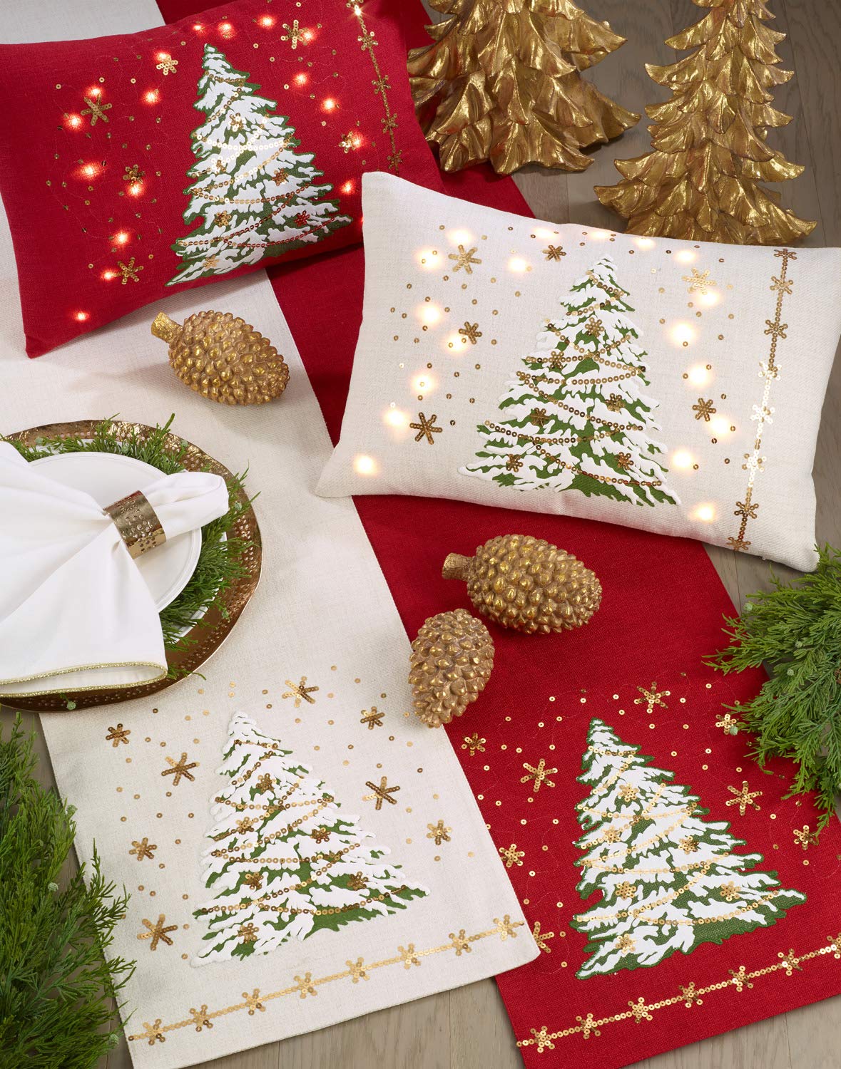 Fennco Styles Christmas Tree Design with LED Light Decorative Throw Pillow Cover 13 x 20 Inch - White Pillow Case for Holiday Décor, Couch, Living Room and Bedroom Décor