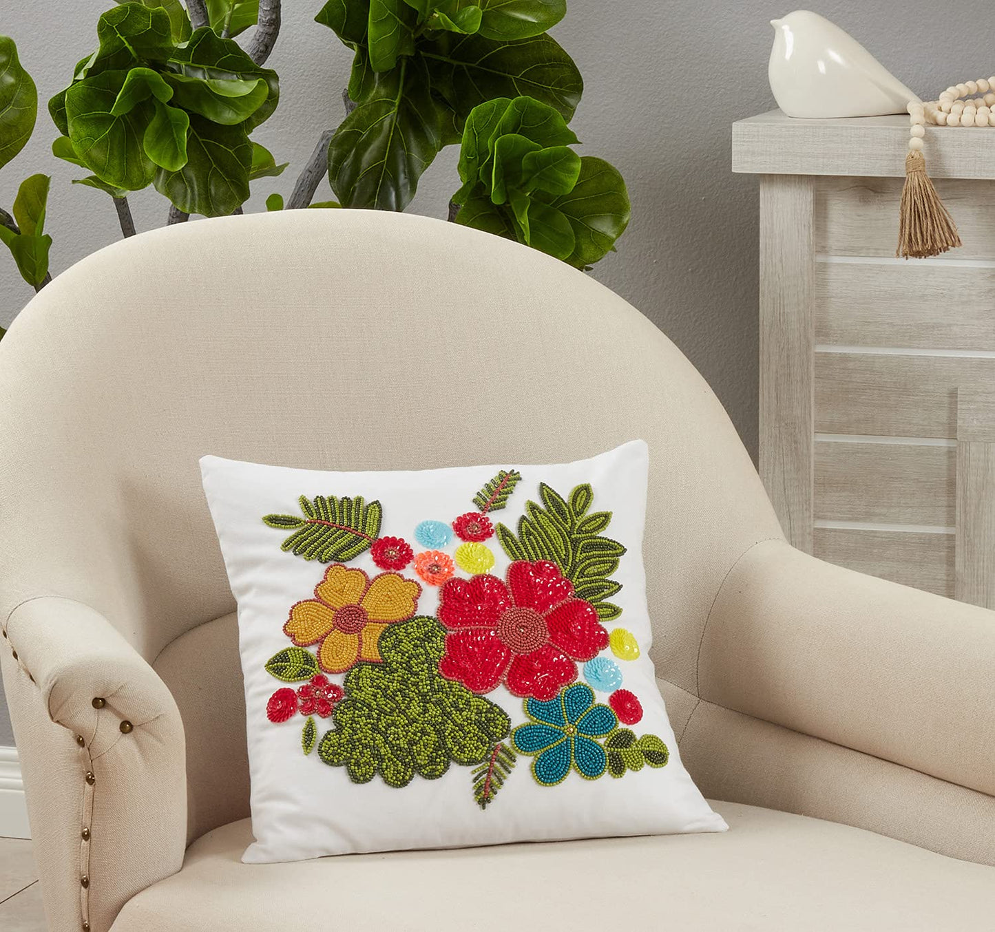 Fennco Styles Hand Beaded Flowers Cotton Throw Pillow 16" W x 16" L - Multicolored Floral Cushion for Home, Couch, Living Room, Seasonal Décor, Special Occasion