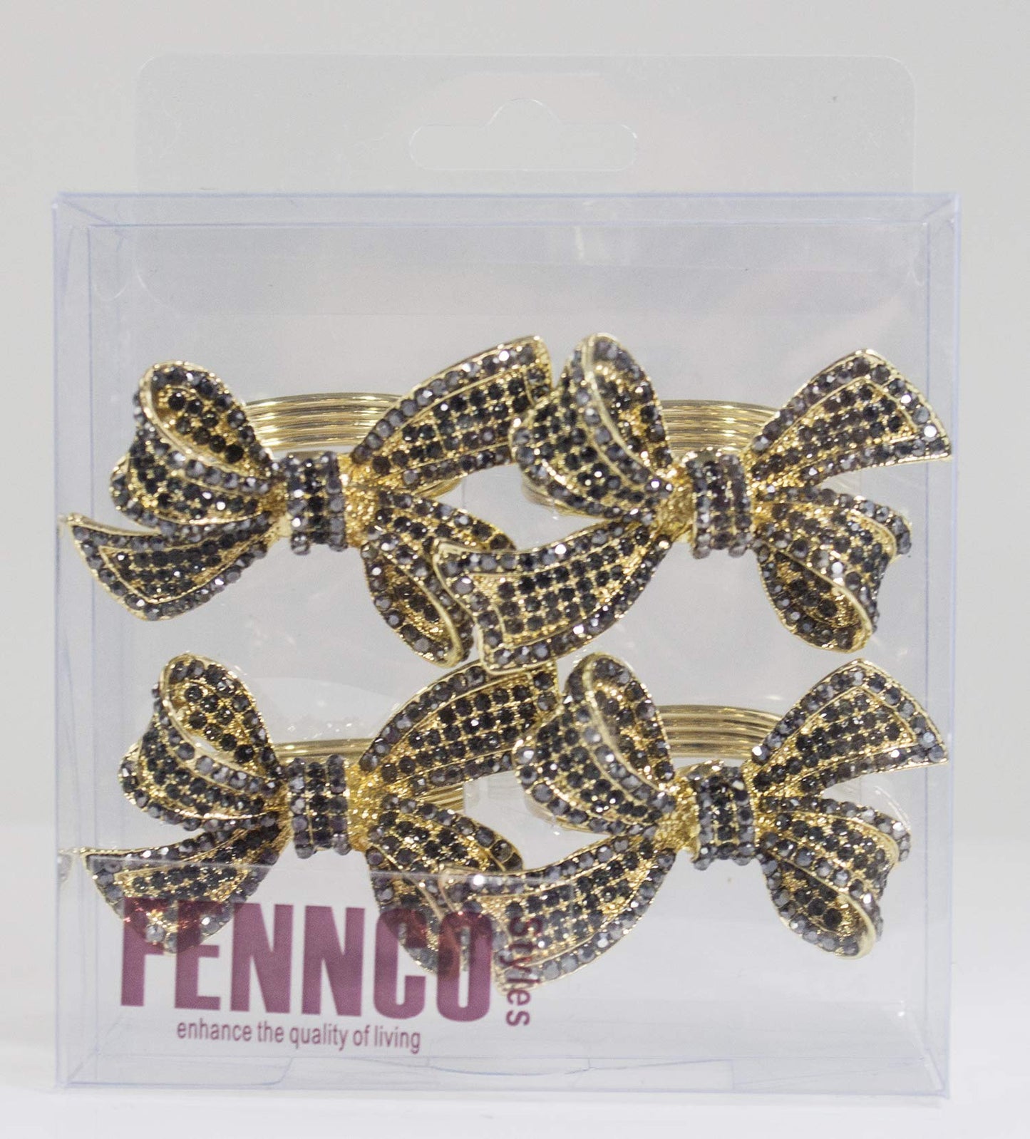 Fennco Styles Stunning Crystal Bowknot Gold-Plated Napkin Rings Wedding Holiday Table Decoration - Set of 4