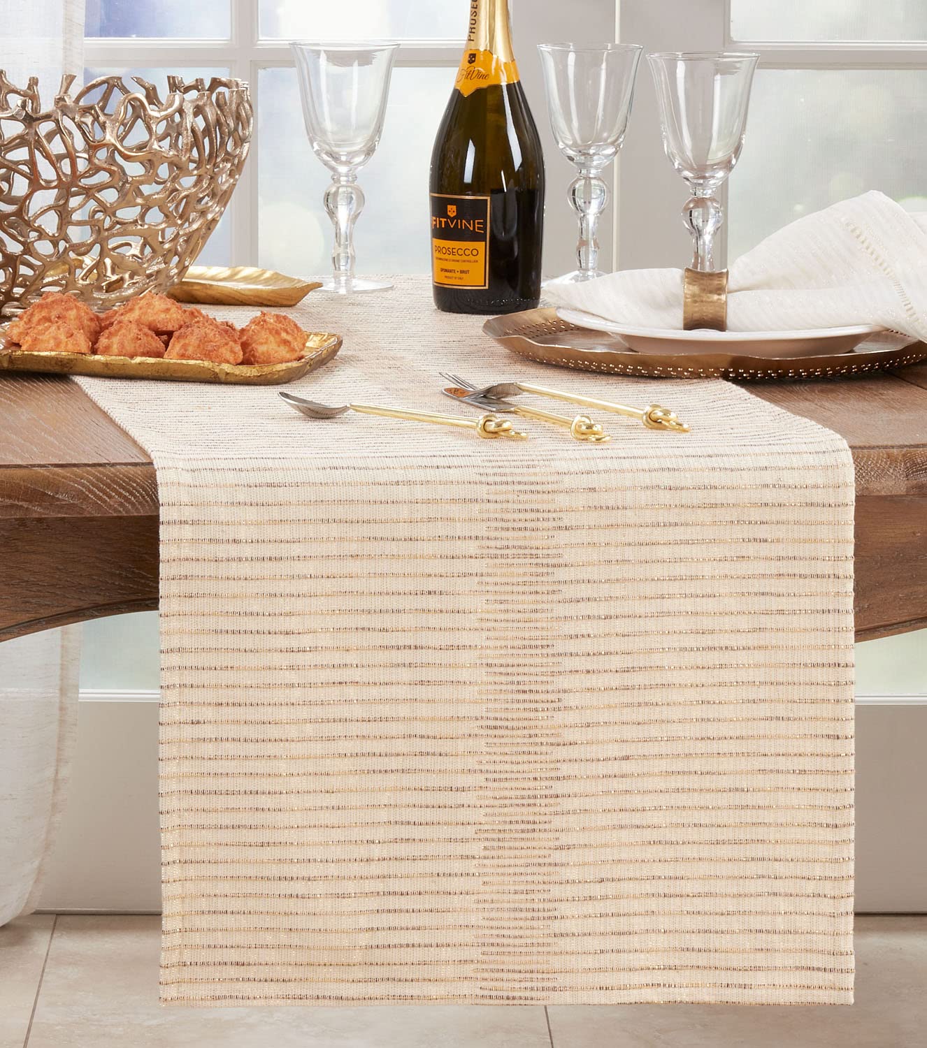 Fennco Styles Shimmering Striped Table Runner 16" W X 72" L - Natural Table Cover for Home, Dining Room, Banquets, Family Gatherings, Everyday Use and Special Occasions