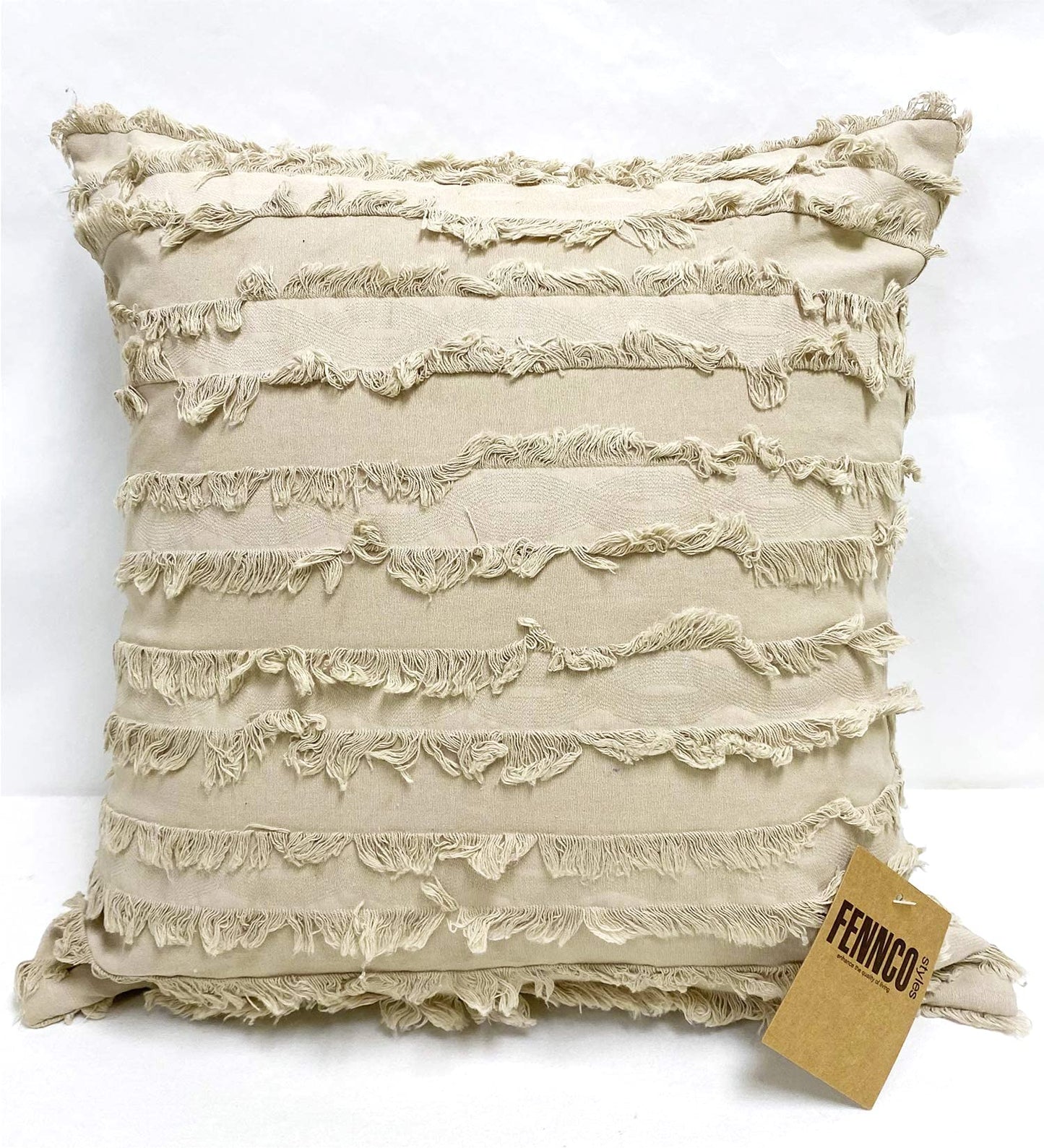 Fennco Styles Modern Fringe Stripe Cotton Decorative Throw Pillow Cover 17" W x 17" L - Cotton Cushion Case for Home, Farmhouse, Couch, Living Room, Bedroom and Office Décor